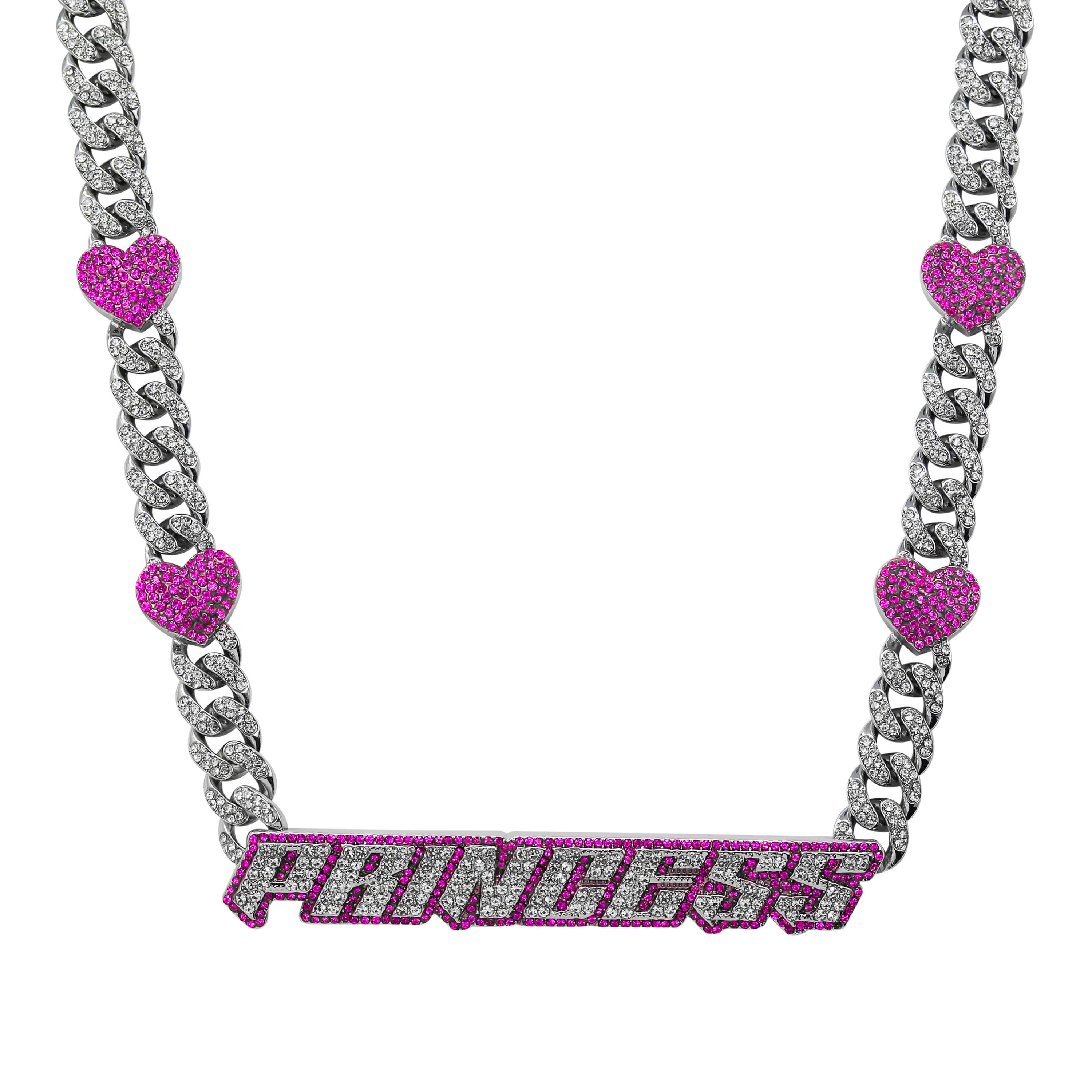 Princess Pink Heart Cuban Choker featuring silver iced Cuban links and bold pink gemstone hearts.
