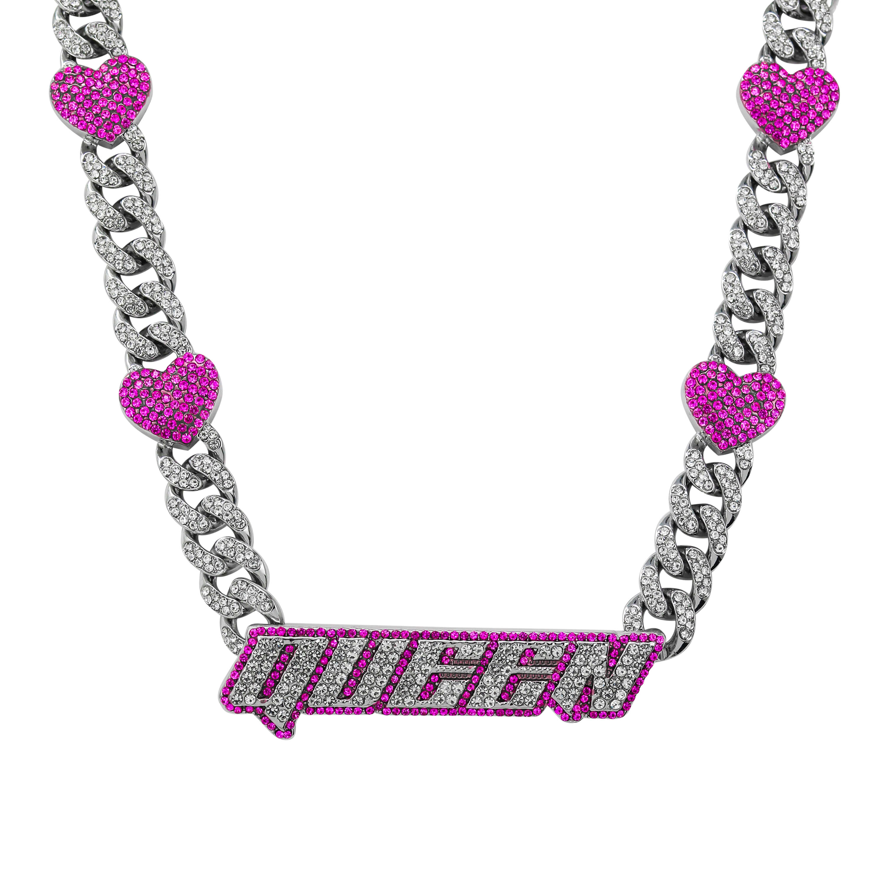 Queen Pink Heart Cuban Choker featuring silver iced Cuban links and bold pink heart details.