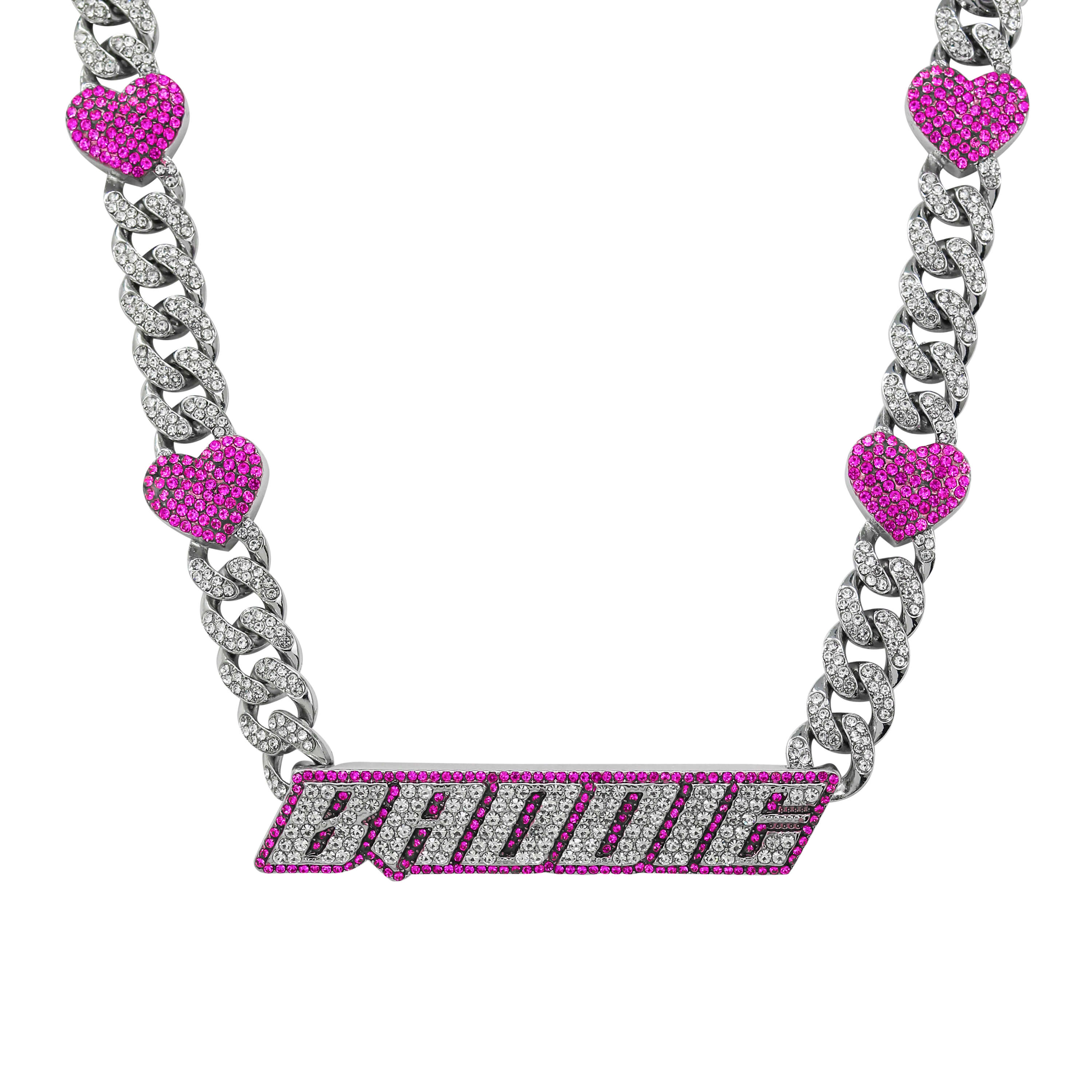 Baddie Pink Heart Cuban Choker featuring silver iced Cuban links and bold pink heart accents.
