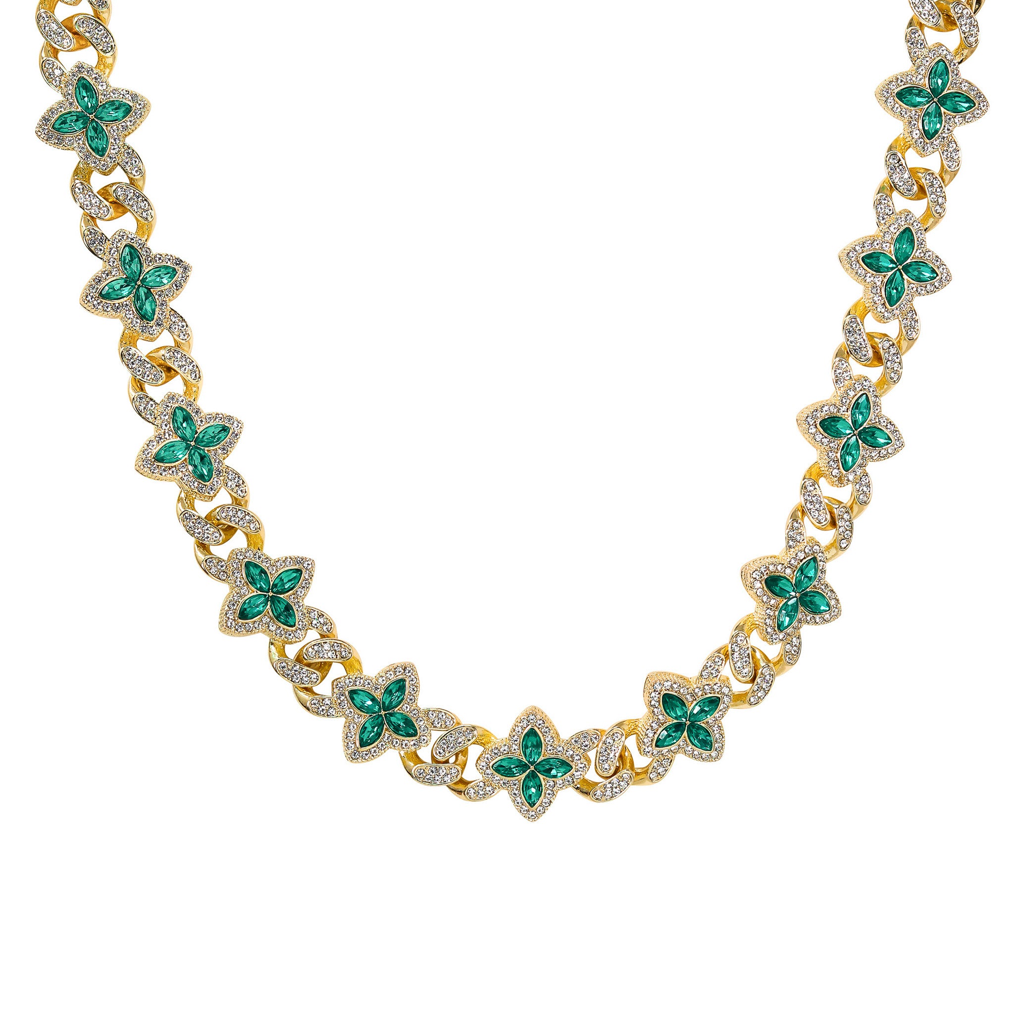 Gold Iced Clover Cuban Chain accented with green marquise stones and pavé iced details.