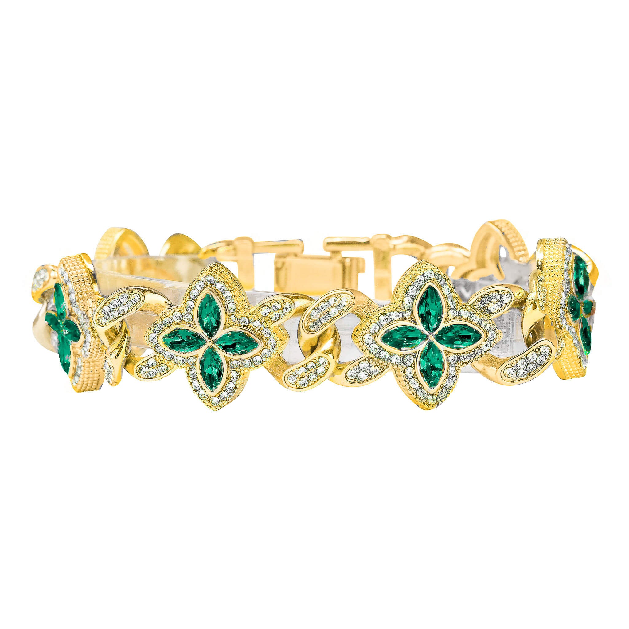 Men’s 20mm Iced Out Clover Link Bracelet in gold featuring emerald clover links