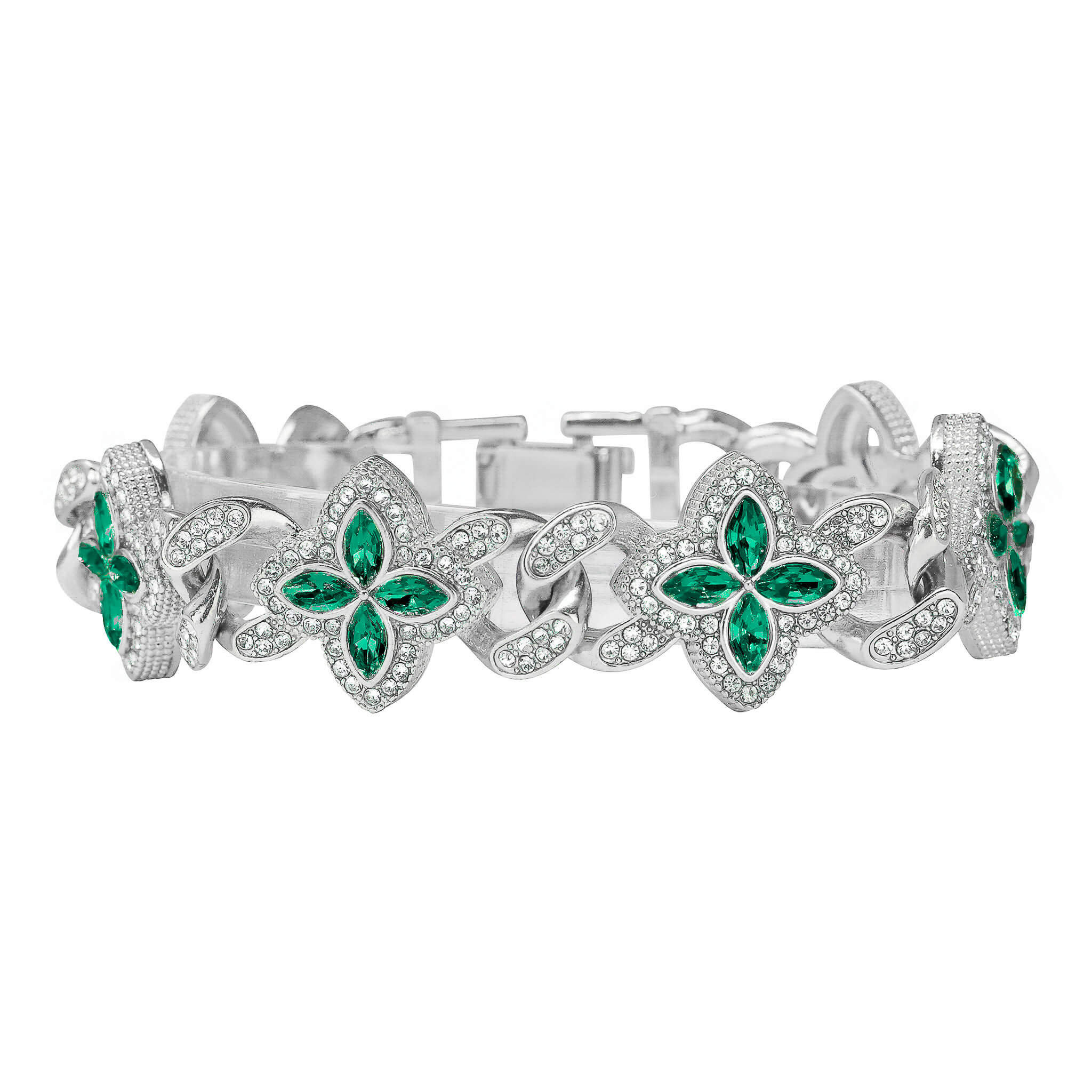 Men’s 20mm Iced Out Clover Link Bracelet in silver with emerald crystal clover accents.