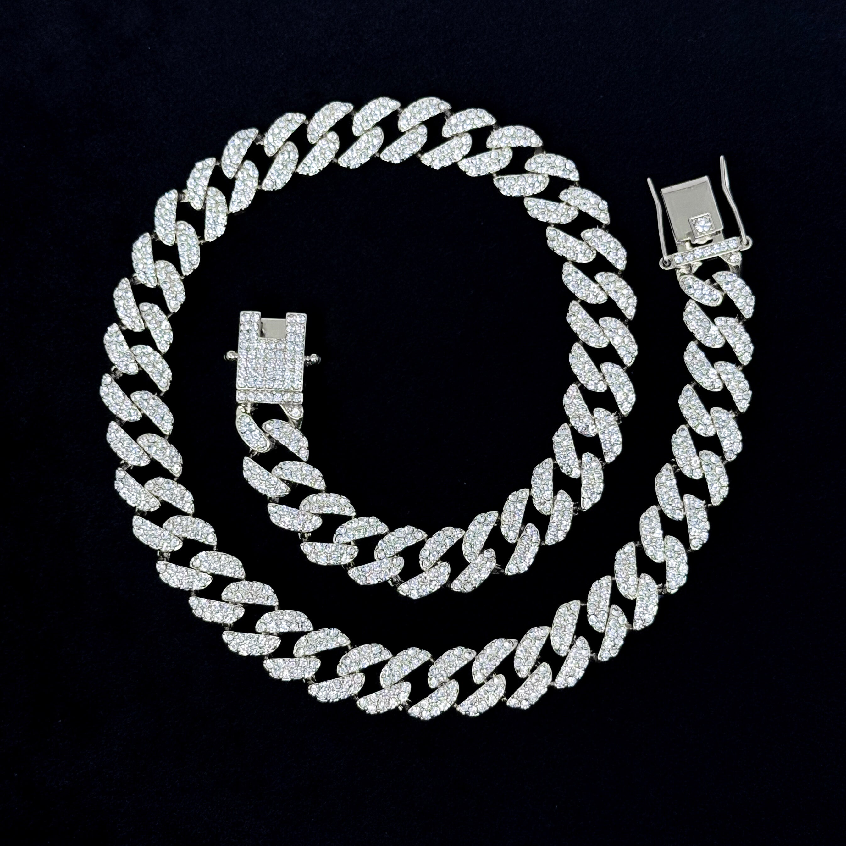 13mm Iced Out Cuban Chain silver necklace laid flat, fully iced pavé links and secure box clasp.