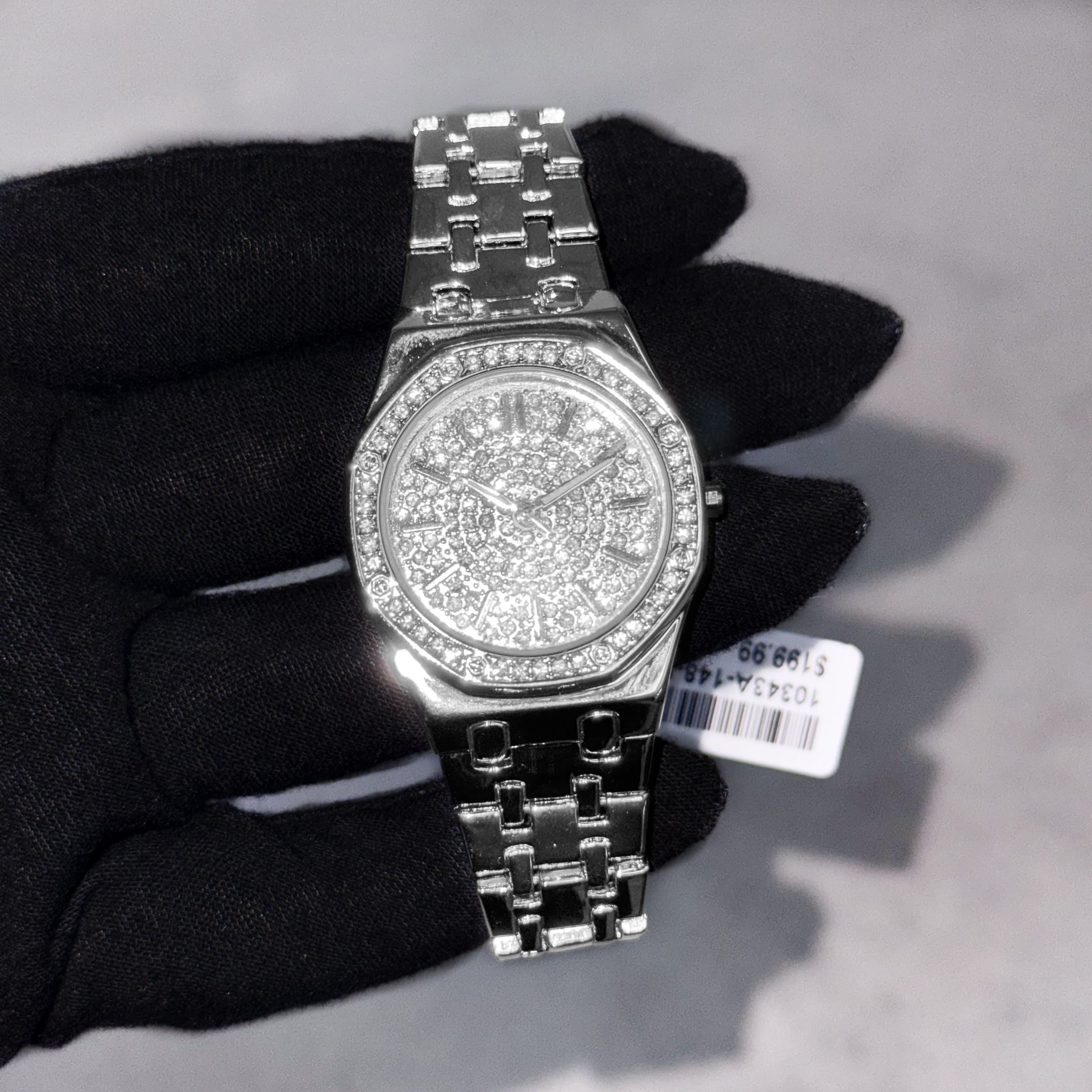 Men's 32mm Iced Out Dial Octagon Watch - Metal Band, Quartz Movement