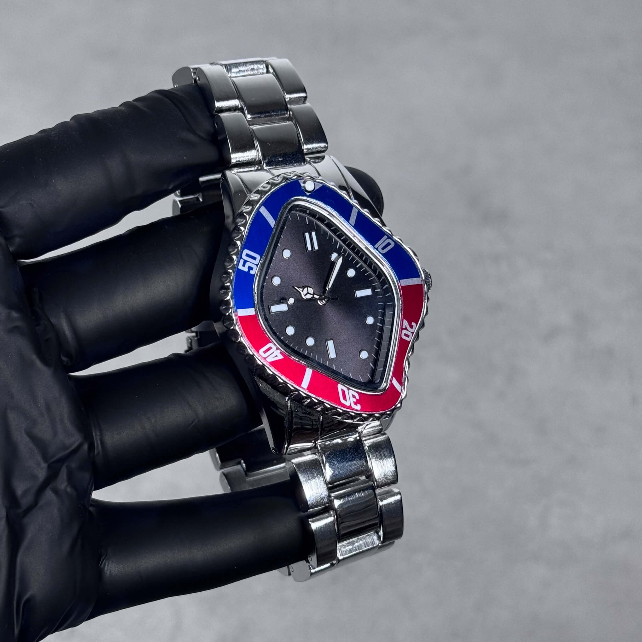 Men’s 42mm Black Warped Case Watch – Unique Shape, Metal Band, Quartz Movement