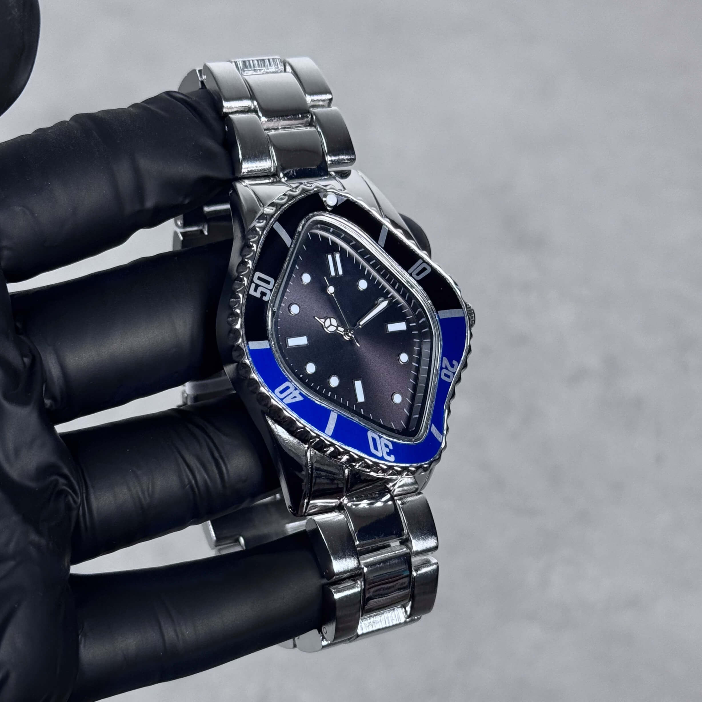 Men’s 42mm Black Warped Case Watch – Unique Shape, Metal Band, Quartz Movement