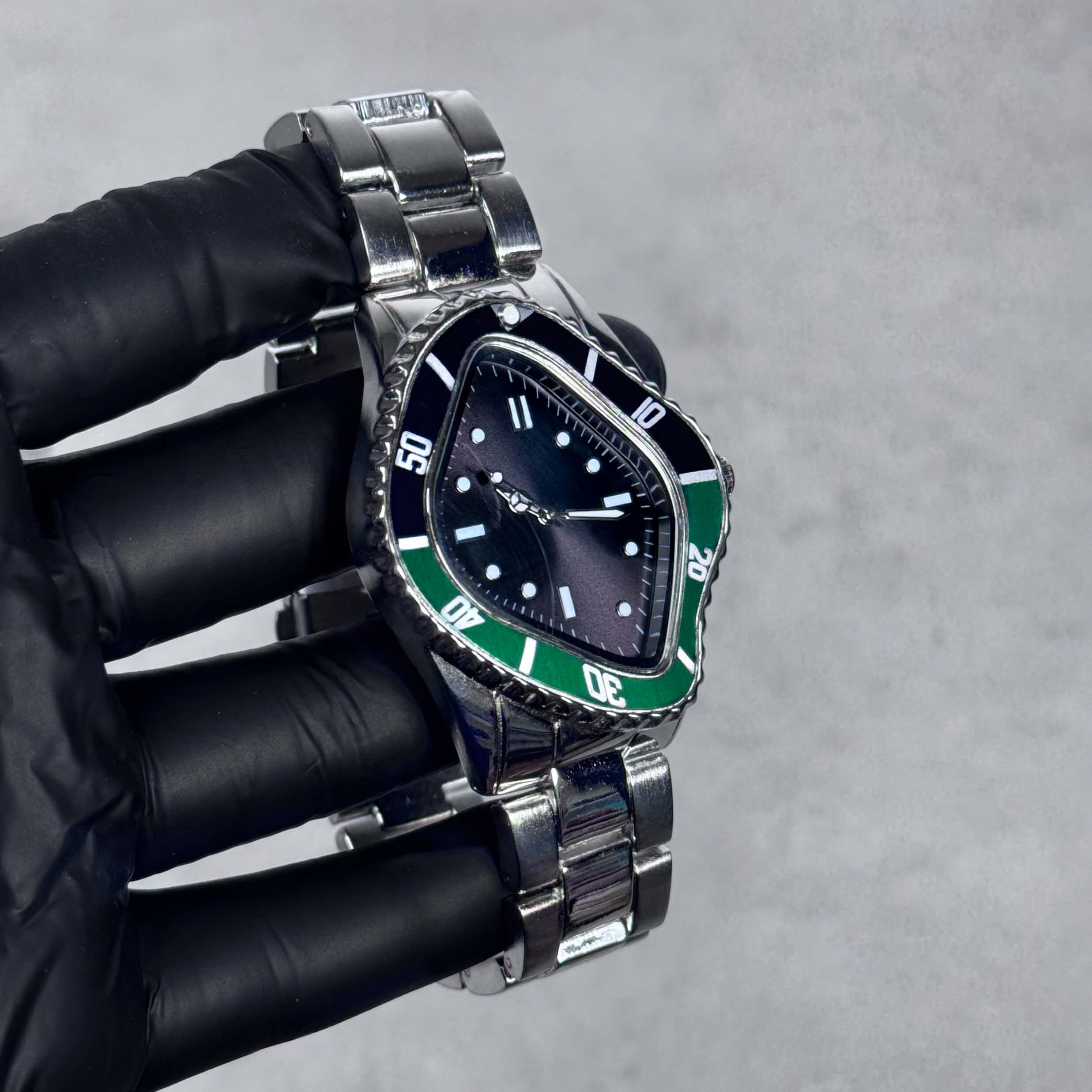 Men’s 42mm Black Warped Case Watch – Unique Shape, Metal Band, Quartz Movement