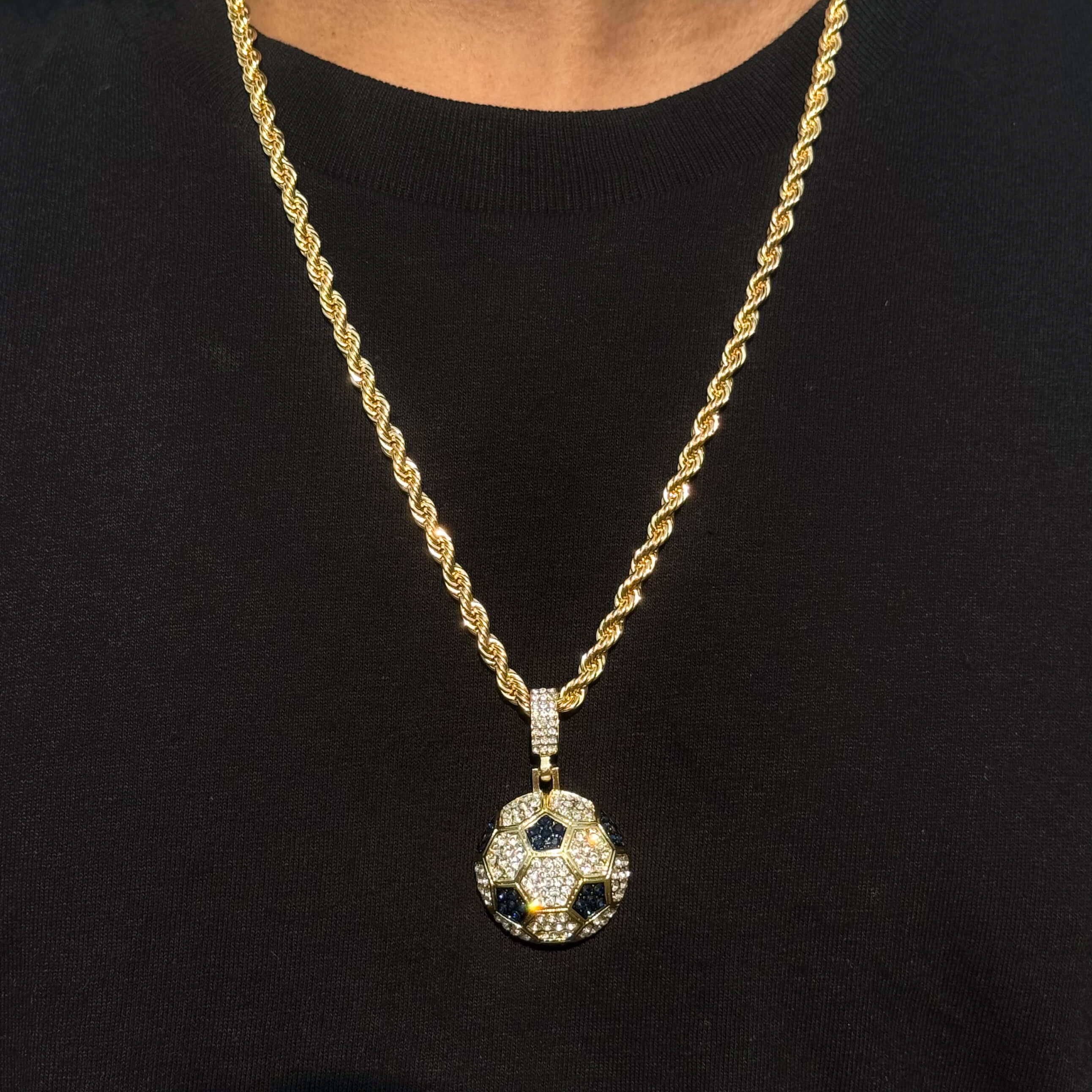 Gold Men's iced out soccer ball pendant on 4mm rope chain, sparkling athletic hip hop jewelry.
