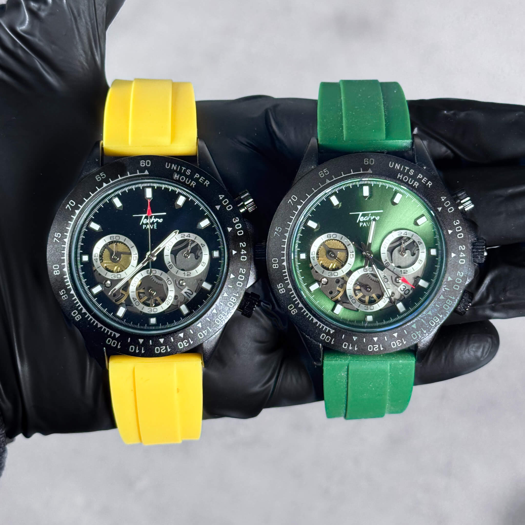 Yellow and green Men’s 42mm silicone band chronograph watches with multi-dial quartz faces.