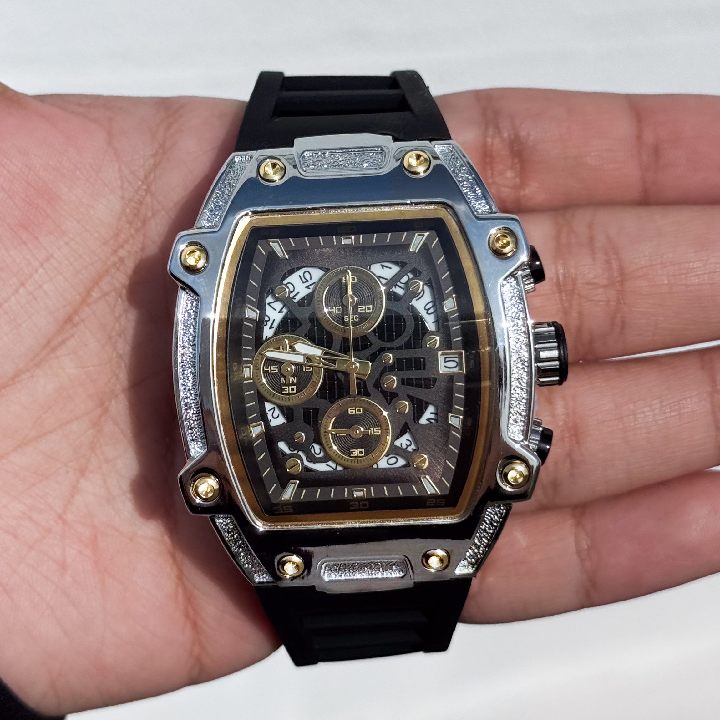 Silver Men's 41mm silicone band watch with a two-tone tonneau case and multi-function skeleton dial.