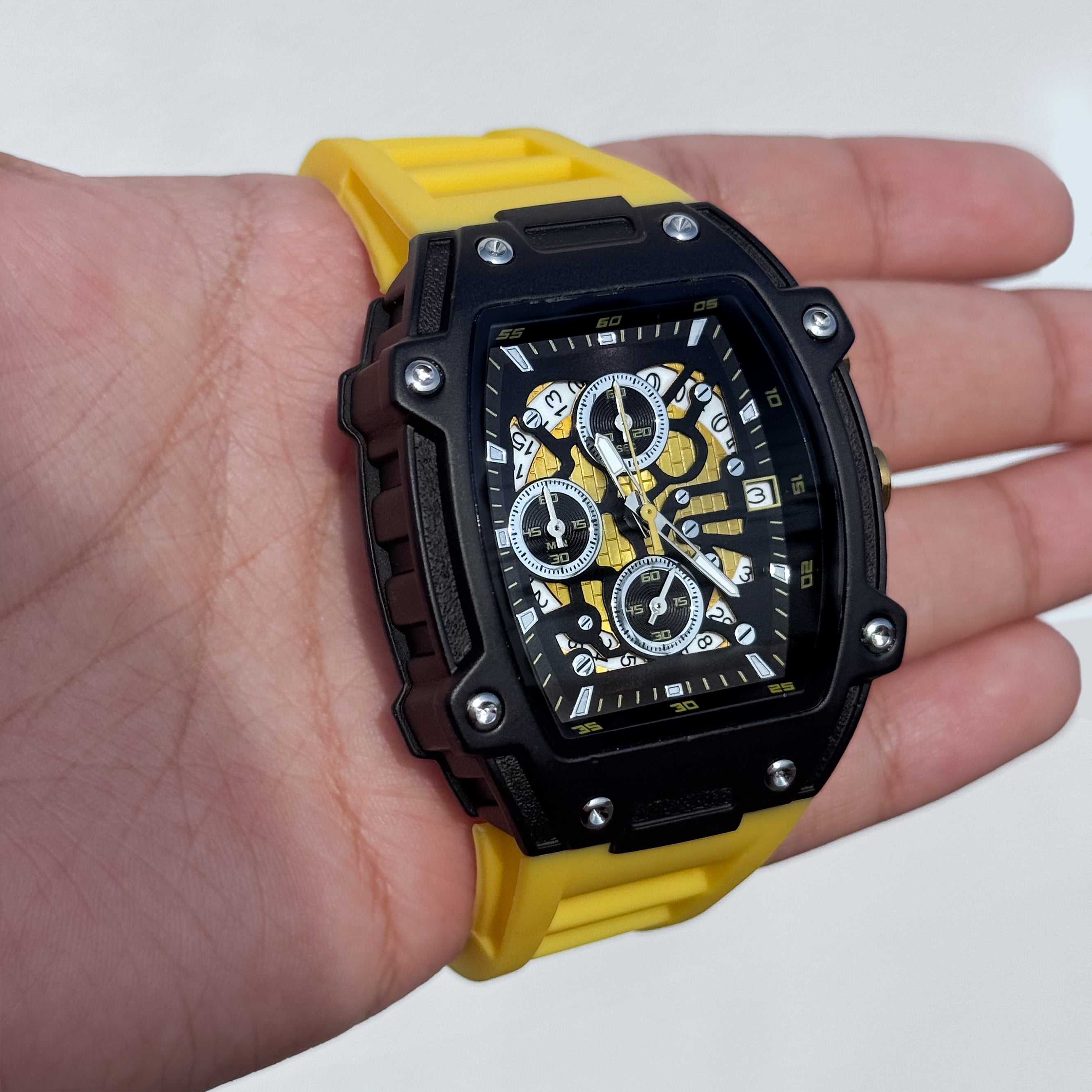 Yellow Men's 41mm stylish silicone band watch with black tonneau case and multi-dial skeleton face.