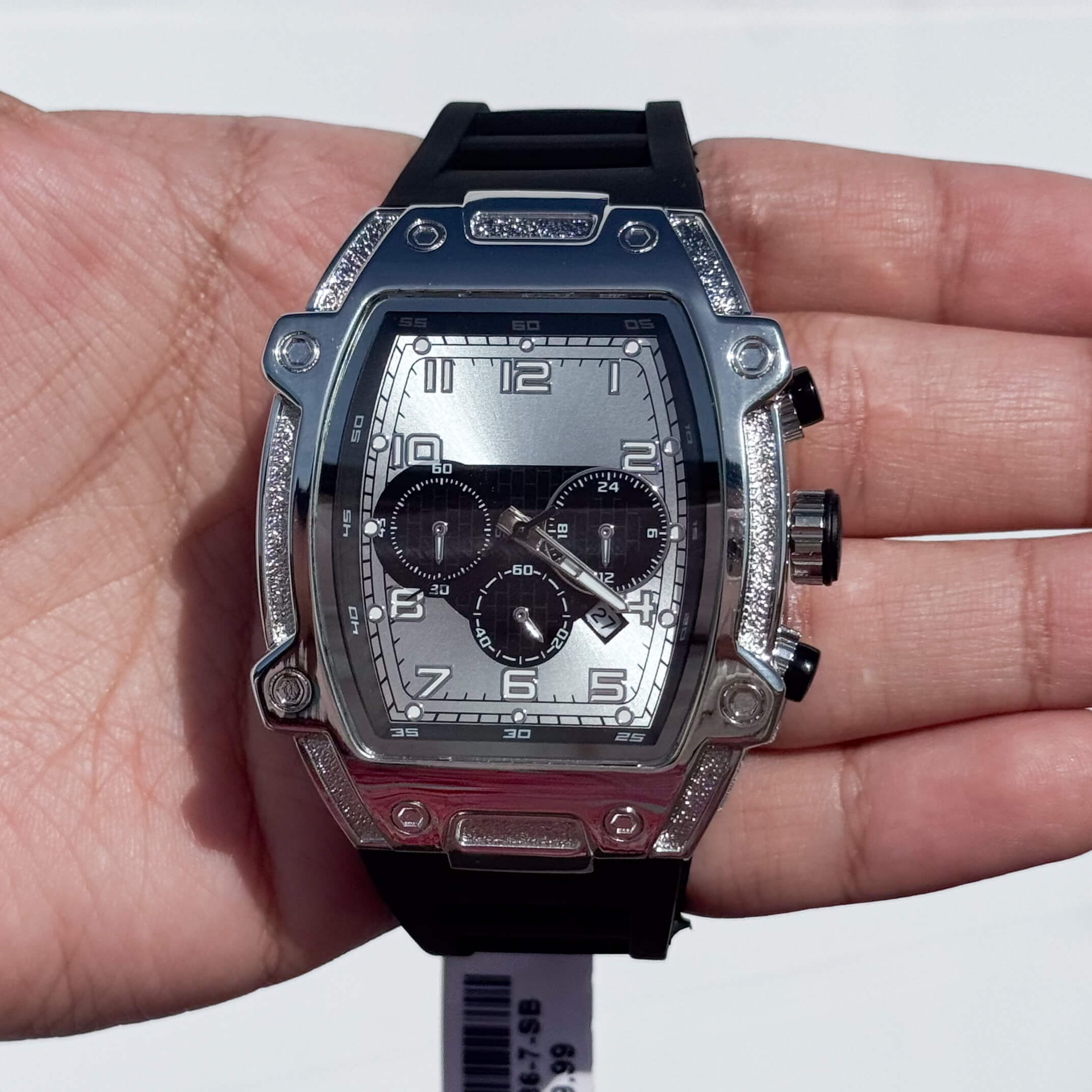 Silver Men's 41mm black silicone band tonneau watch featuring a metallic dial and quartz chronograph.