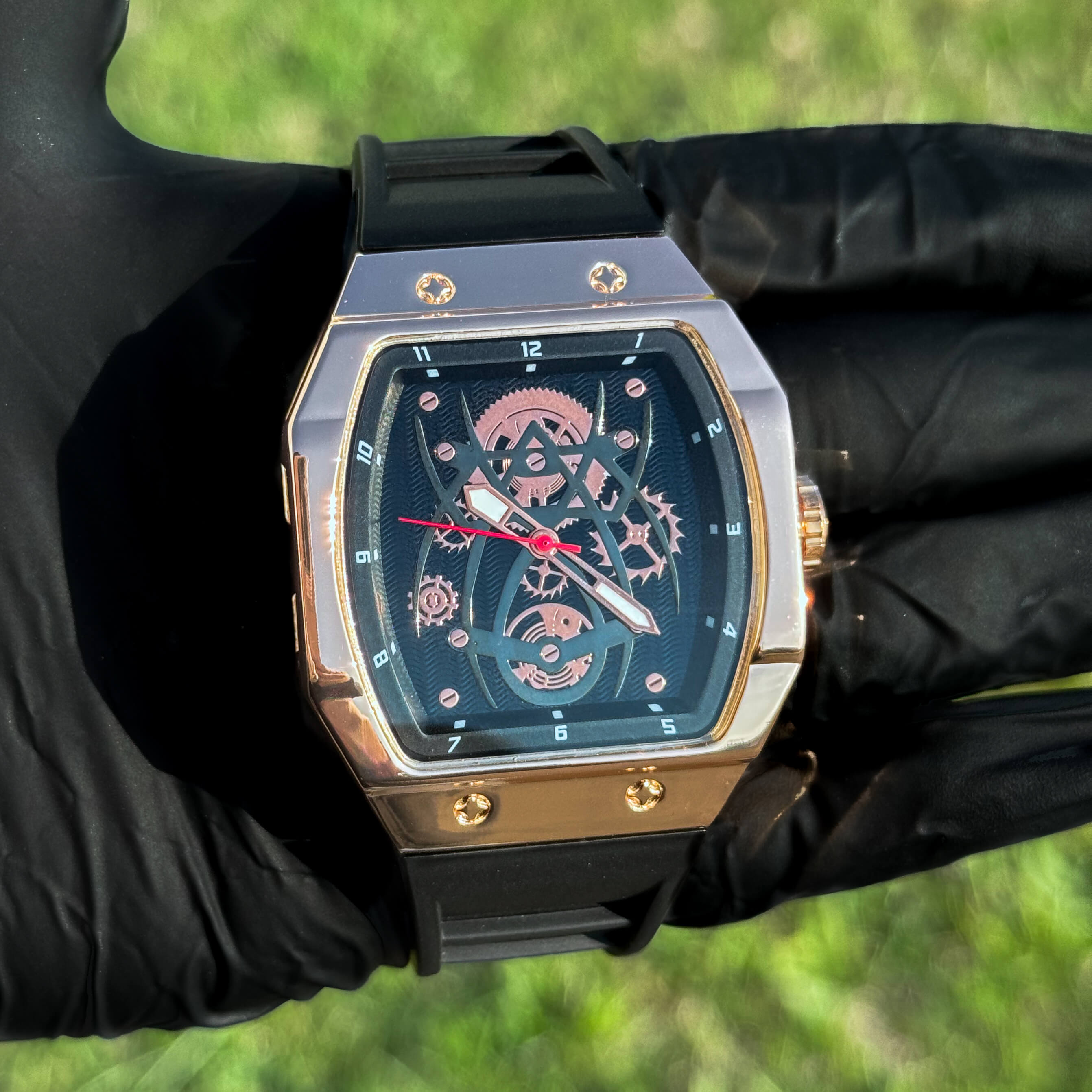 Men's 41mm Black Tonneau Watch - Skeleton Dial