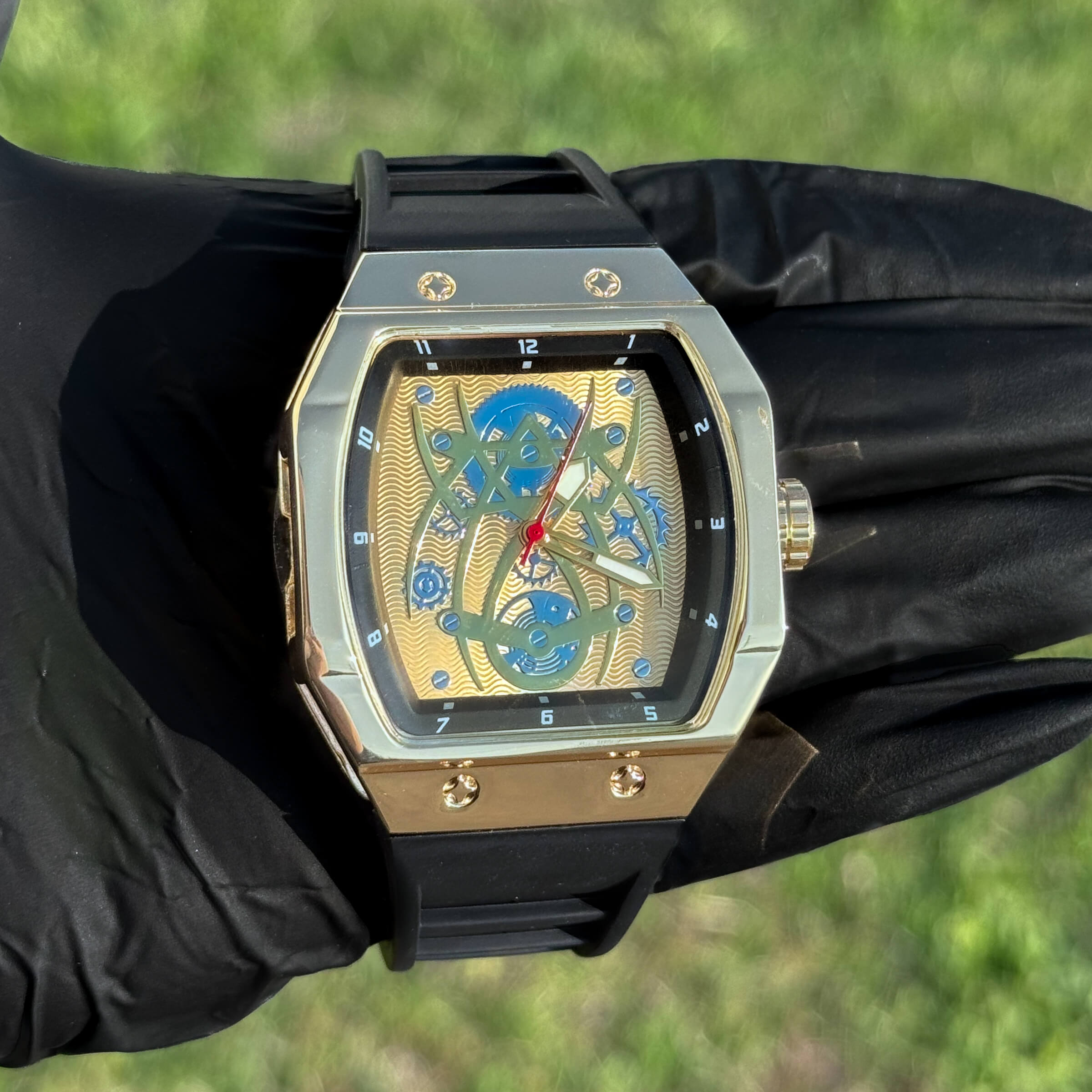 Men's 41mm Black Tonneau Watch - Skeleton Dial