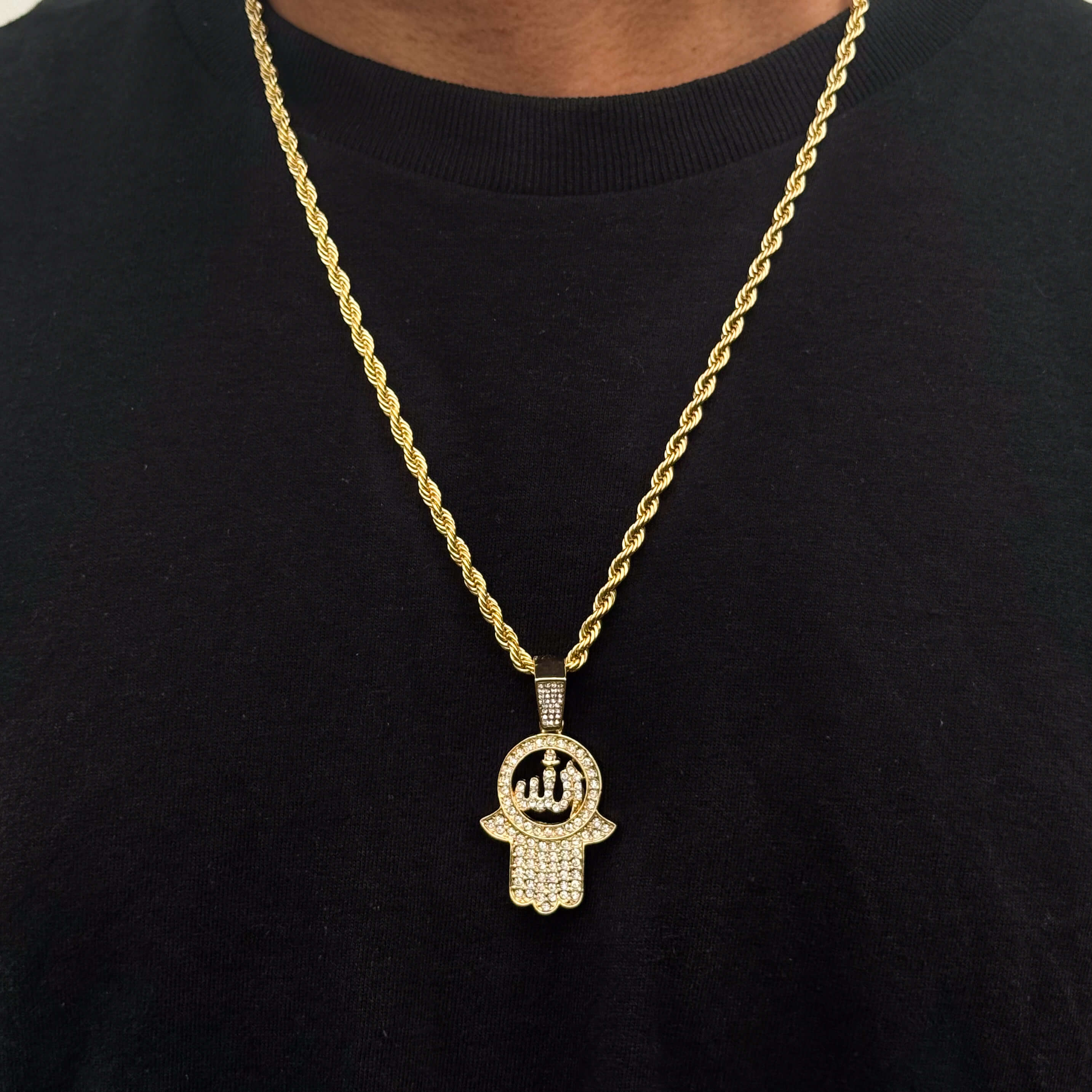 Men's gold Islamic pendant with sparkling CZ stones and 4mm rope necklace, modern bling.
