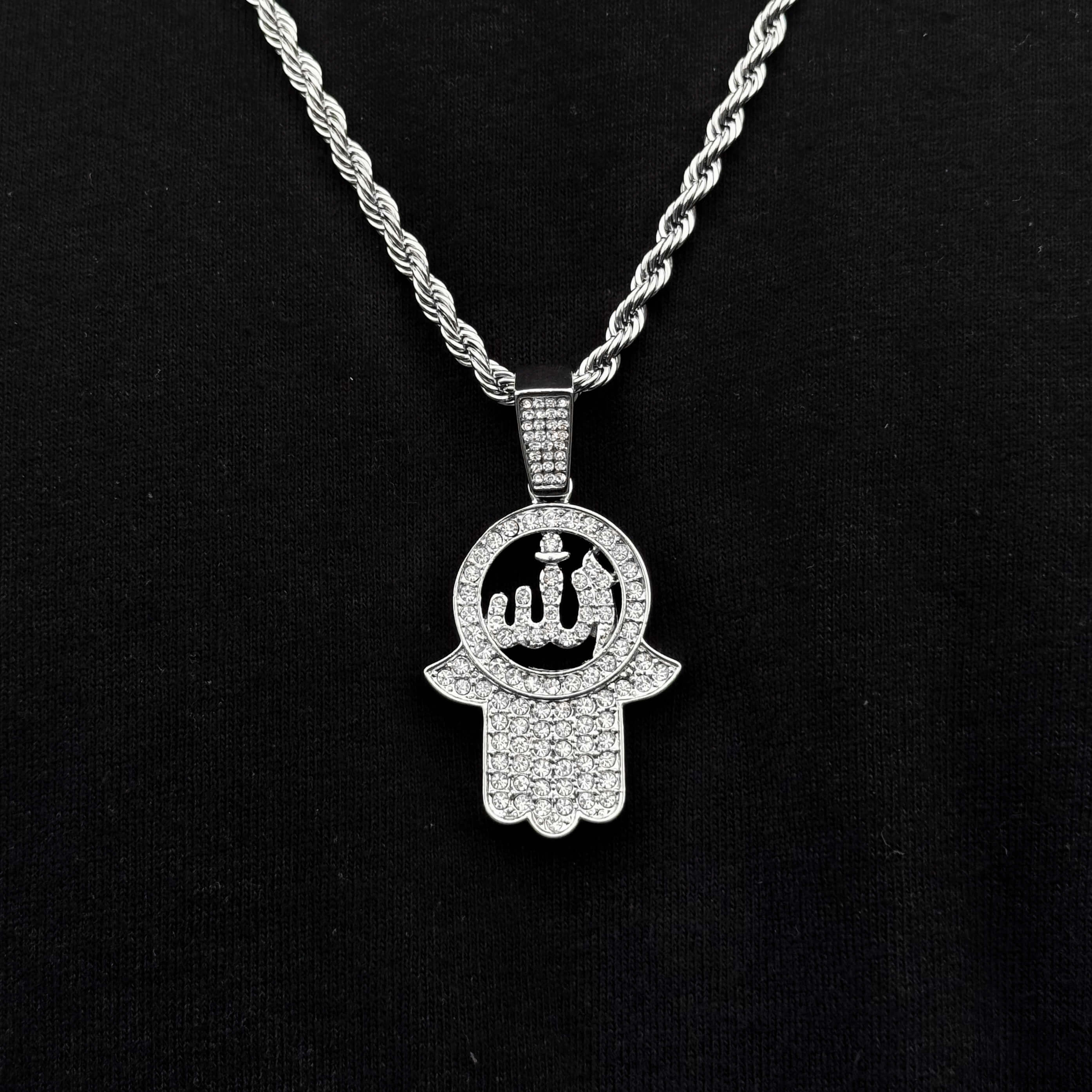 Men's silver Islamic pendant with sparkling CZ stones and 4mm rope necklace, modern bling.