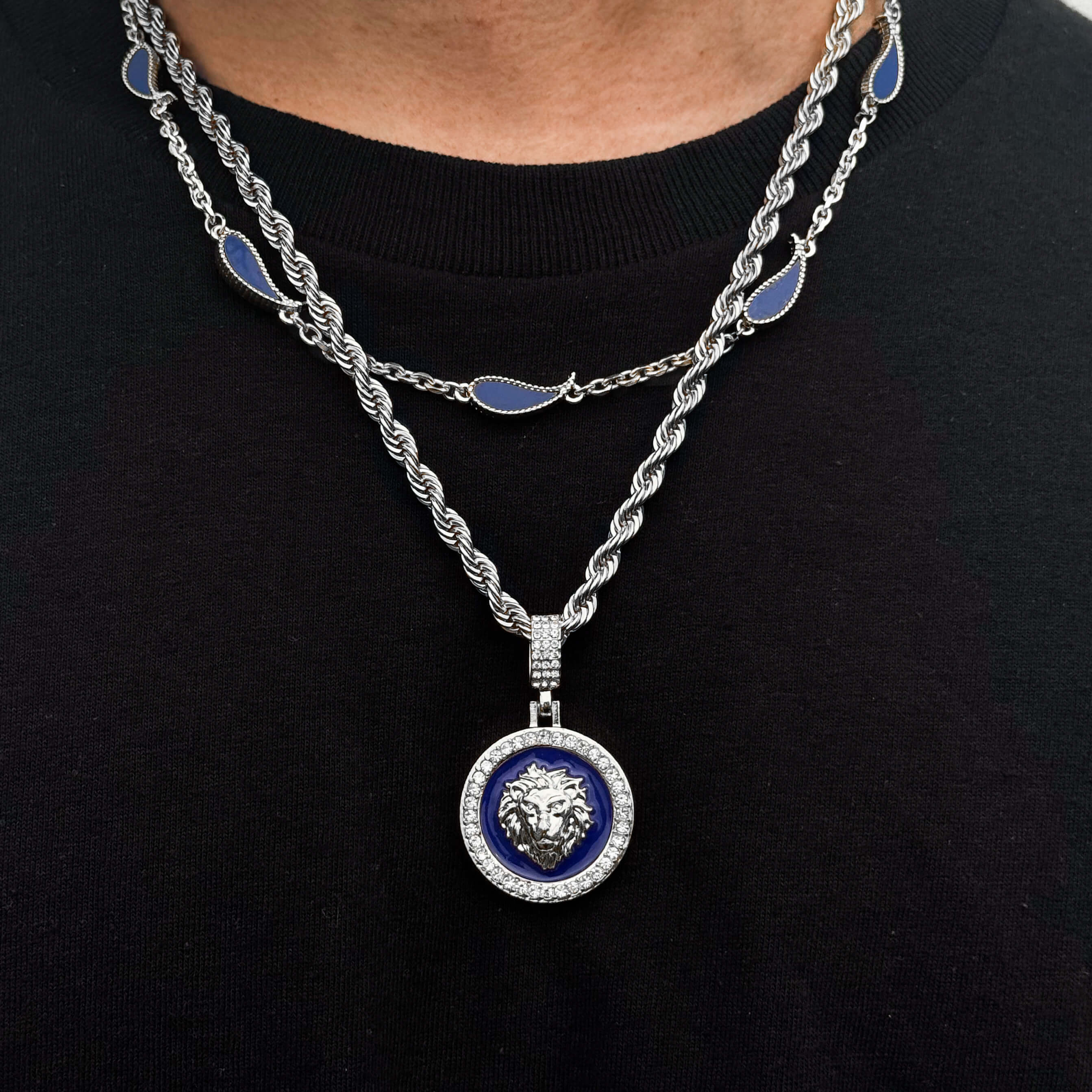 Men's Medium Iced Out Blue Lion Medallion Pendant with 4mm Rope Necklace