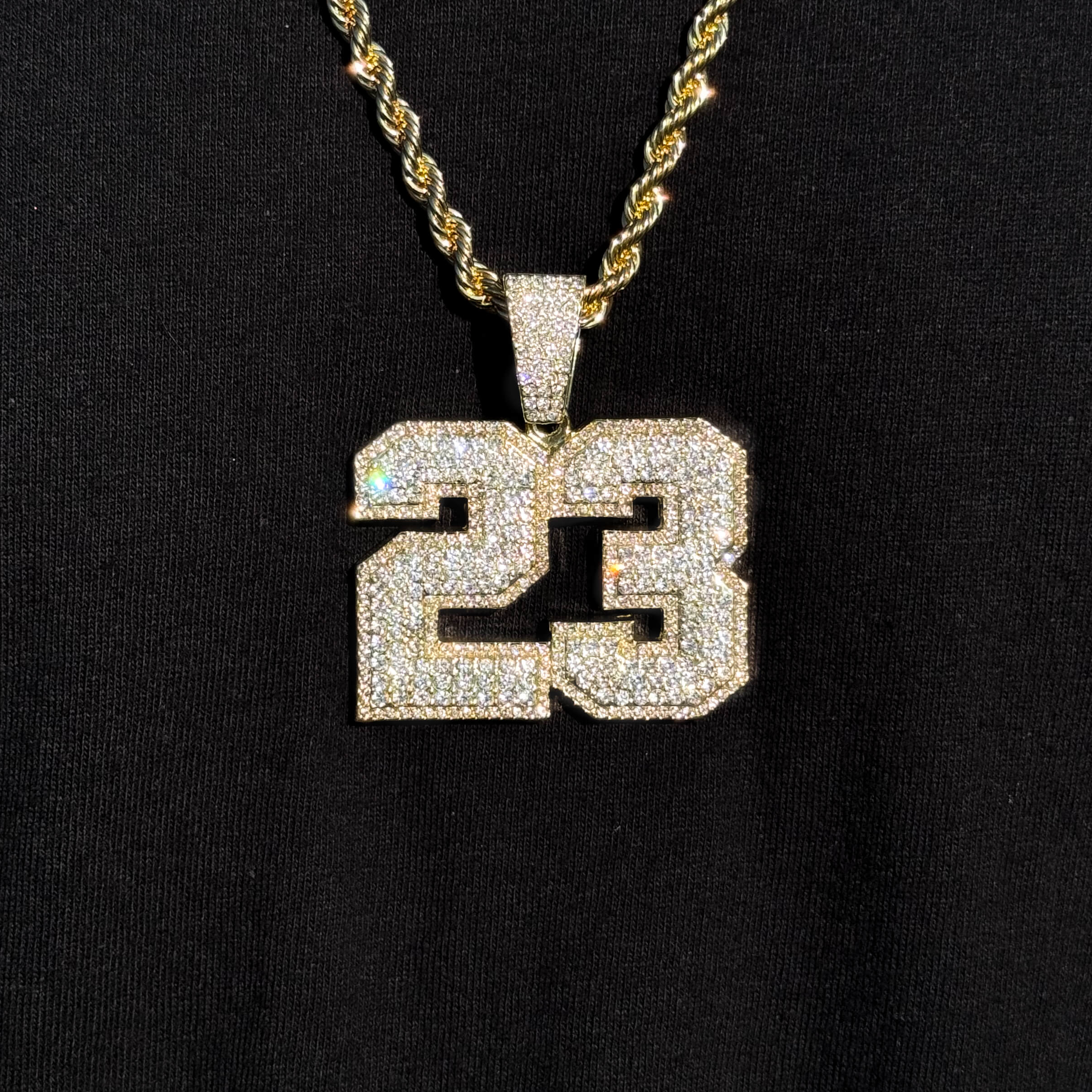 Men's gold 23 pendant with full pavé crystal detailing on rope chain, classic numeric necklace