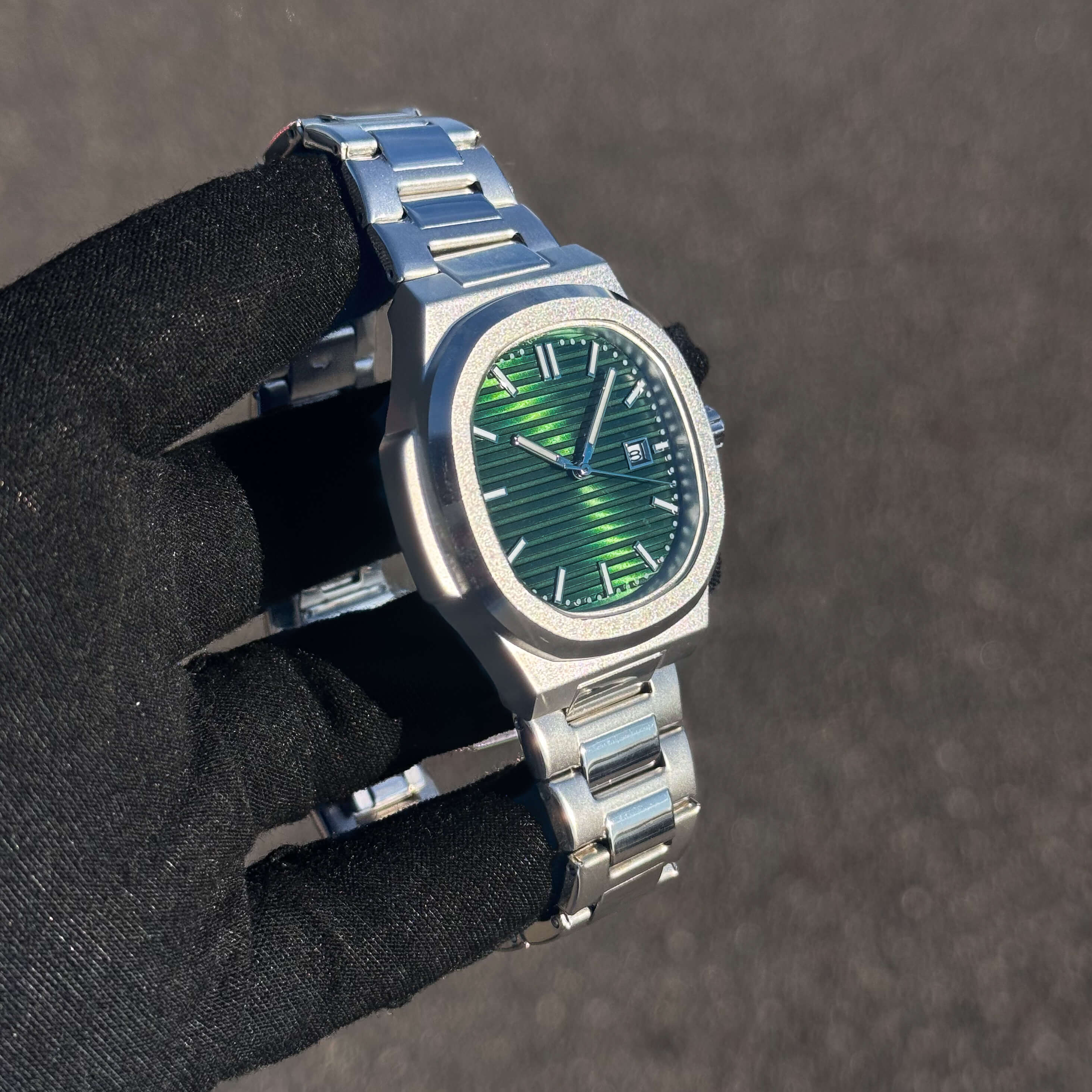 Men’s 42mm Classic Oblong Dial Watch showing green textured dial and brushed steel case.