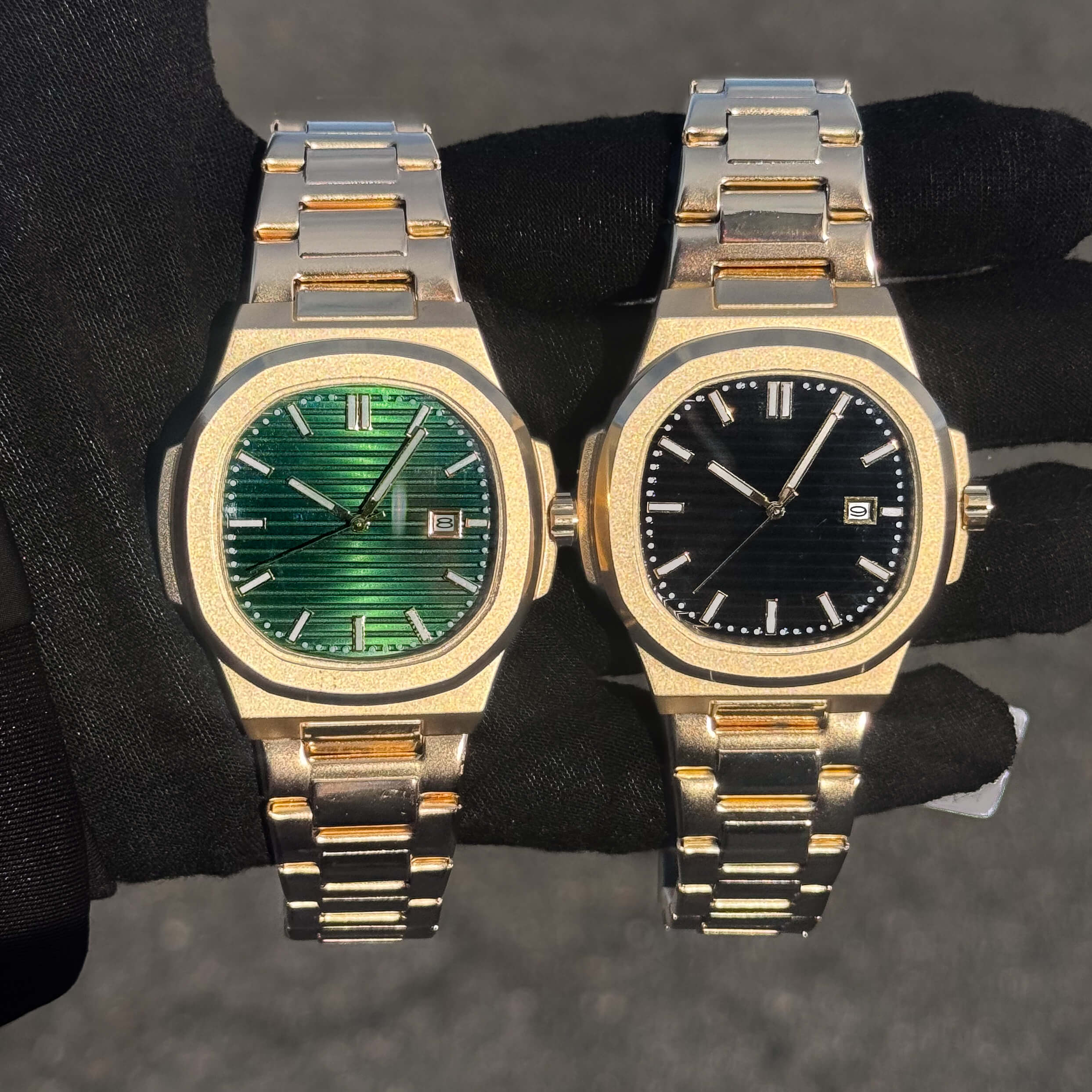 Men’s 42mm Classic Oblong Dial Watch in gold tone with black and green textured dials.