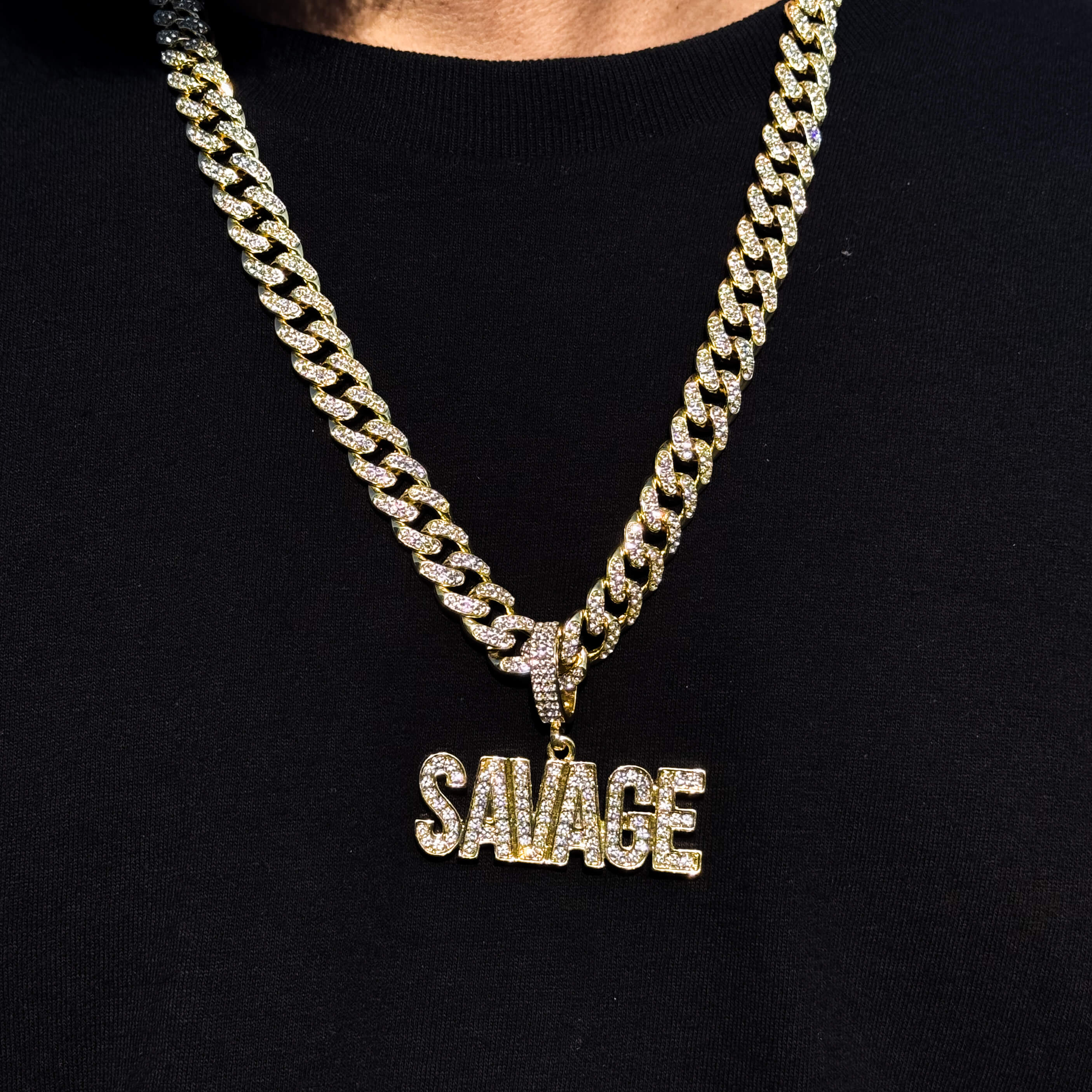 Men's Large Iced Out Savage Pendant with 12mm Iced Cuban Necklace