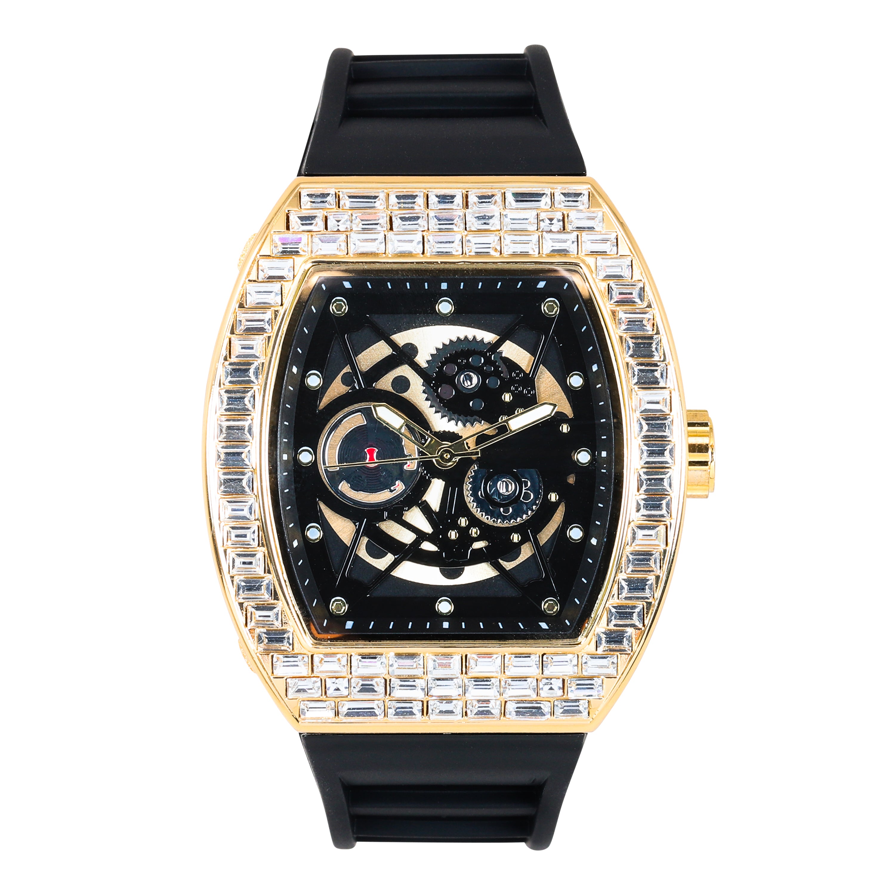 Gold men’s luxury iced watch featuring baguette bezel, skeleton dial, and durable black silicone band.