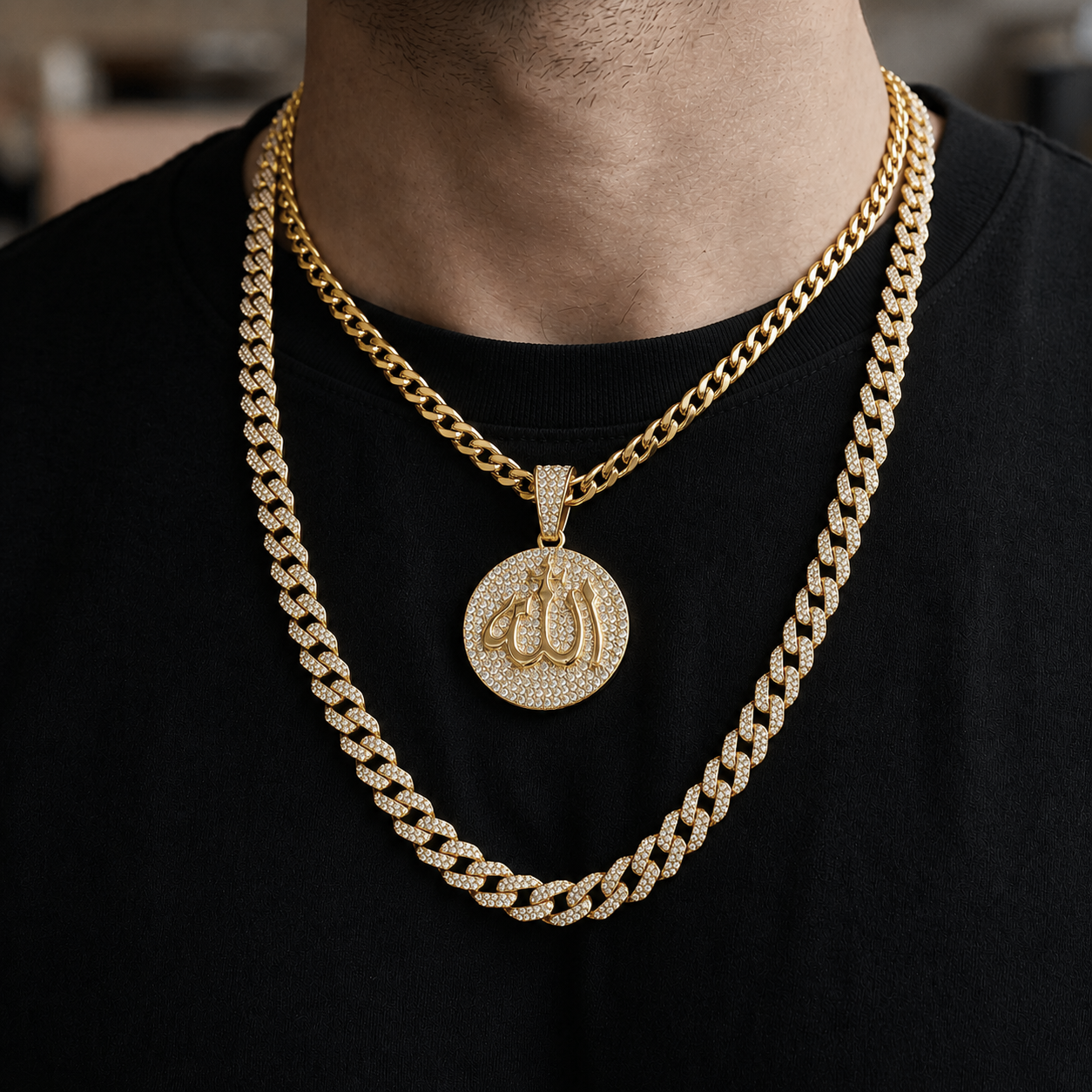 Men’s Iced-Out Allah Medallion Pendant and Cuban Chain Set