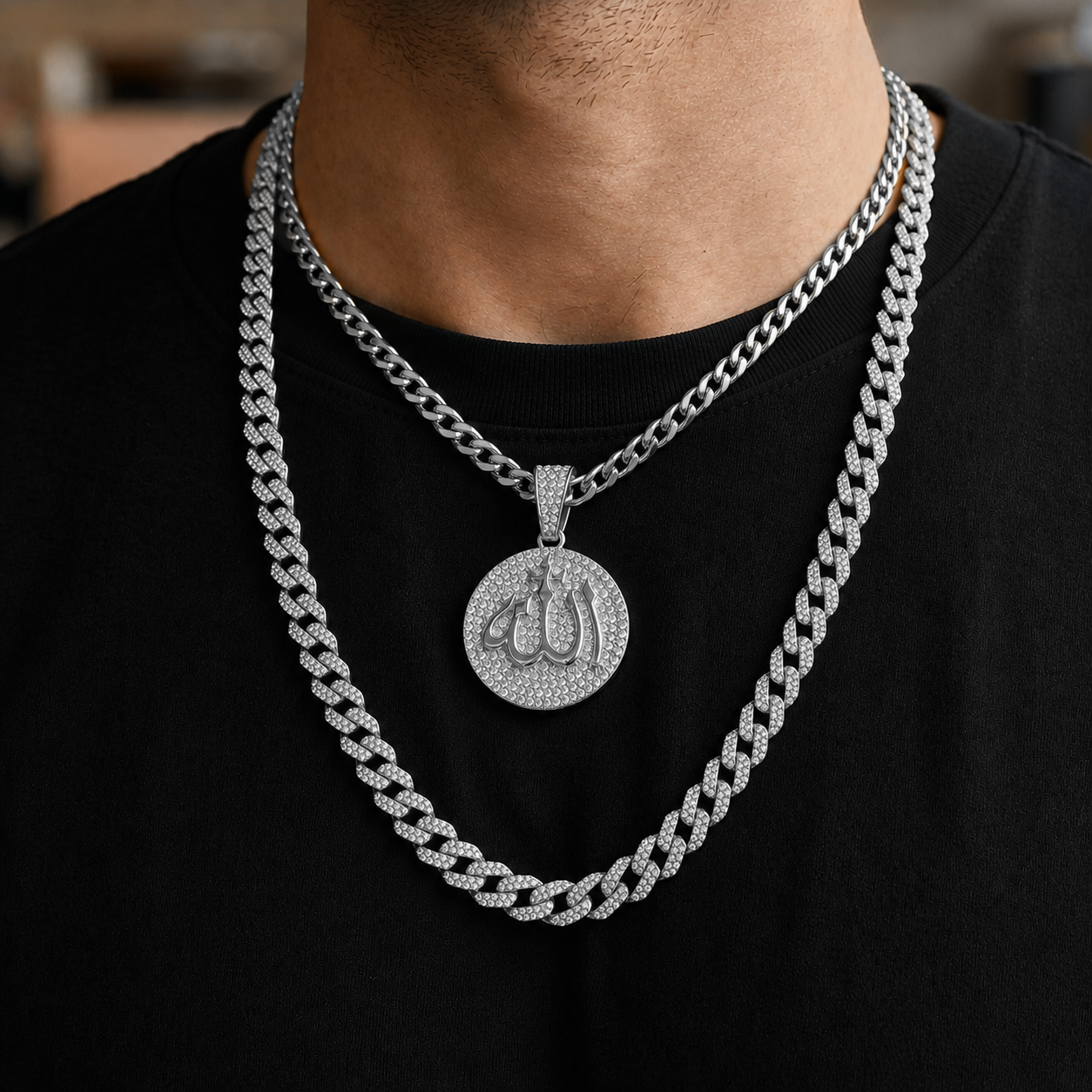 Men’s Iced-Out Allah Medallion Pendant and Cuban Chain Set