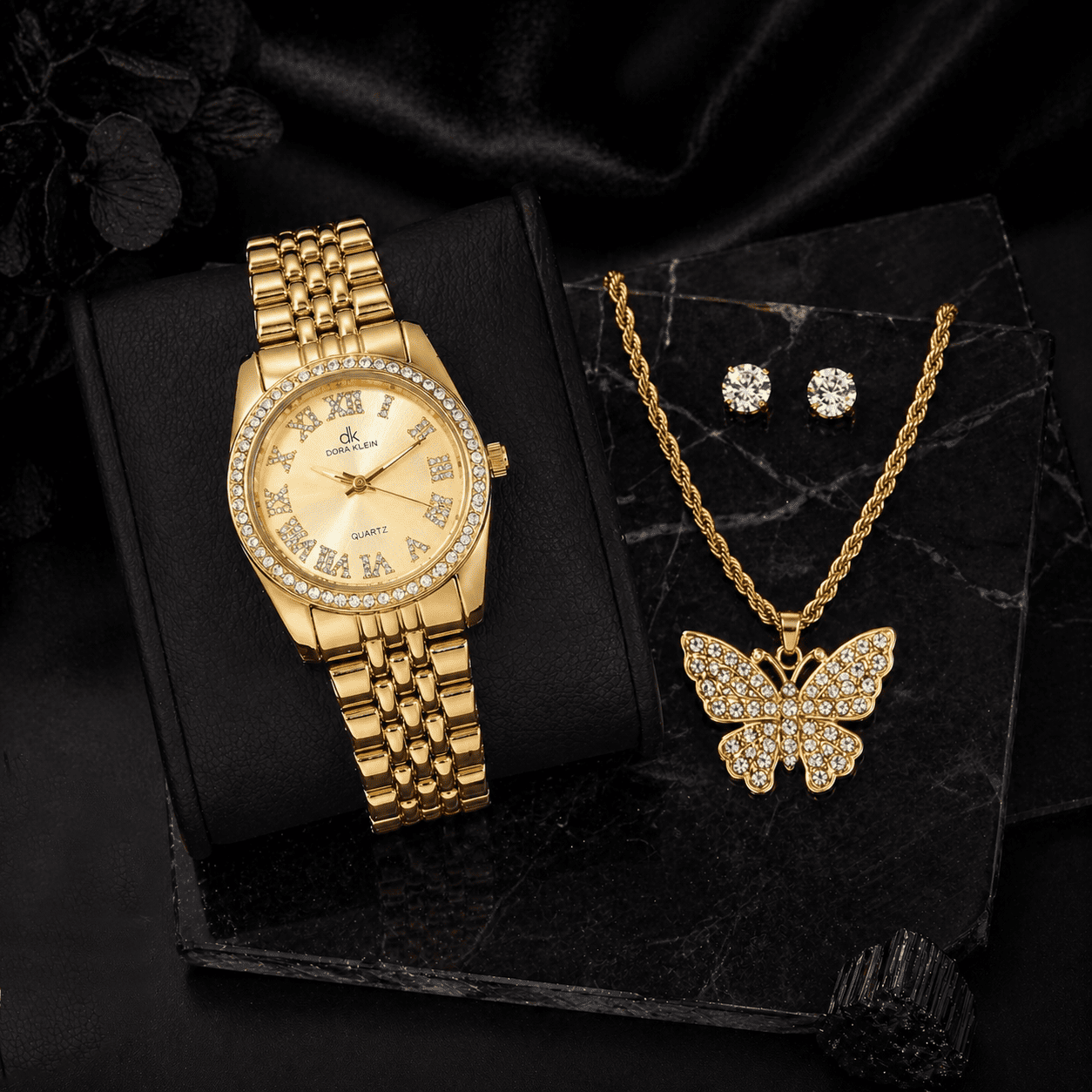 Women’s 35mm Tonneau Roman Dial Watch, Butterfly Pendant Necklace & Stud Earring Set