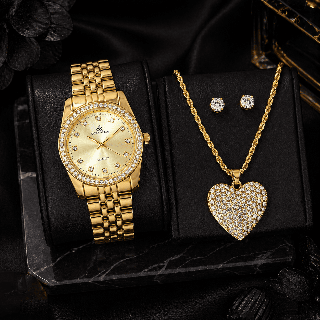 Women’s 35mm Tonneau Roman Dial Watch, Heart Pendant Necklace & Stud Earring Set