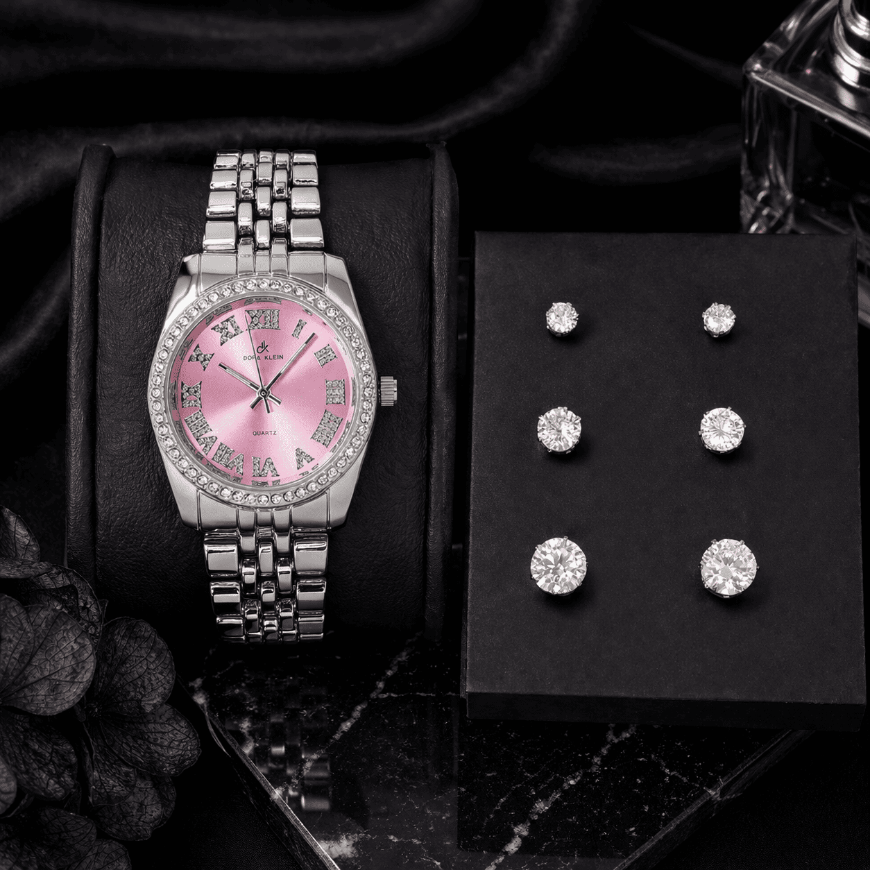 Women’s 35mm Tonneau Roman Dial Watch & CZ Round Stud Earrings Set