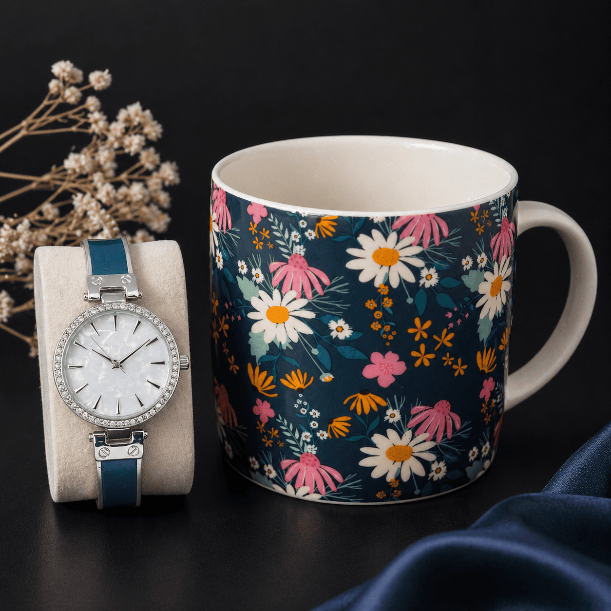 Women’s 34mm Round Dial Watch & Navy Floral Print Mug Gift Set
