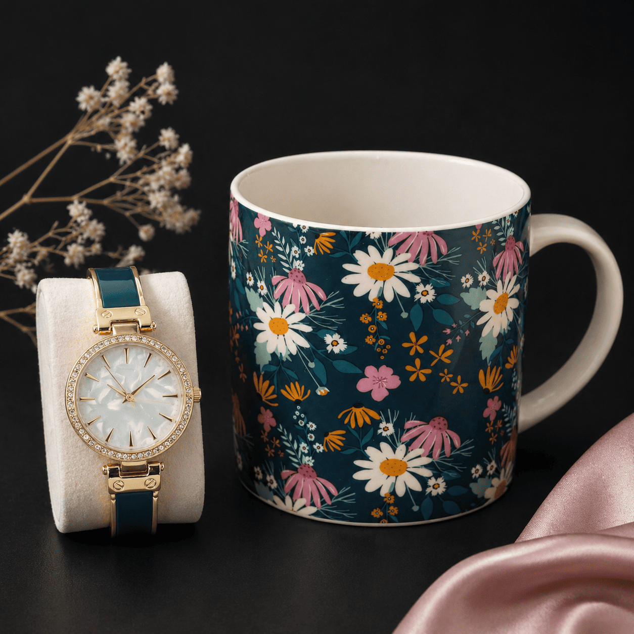 Women’s 34mm Round Dial Watch & Navy Floral Print Mug Gift Set