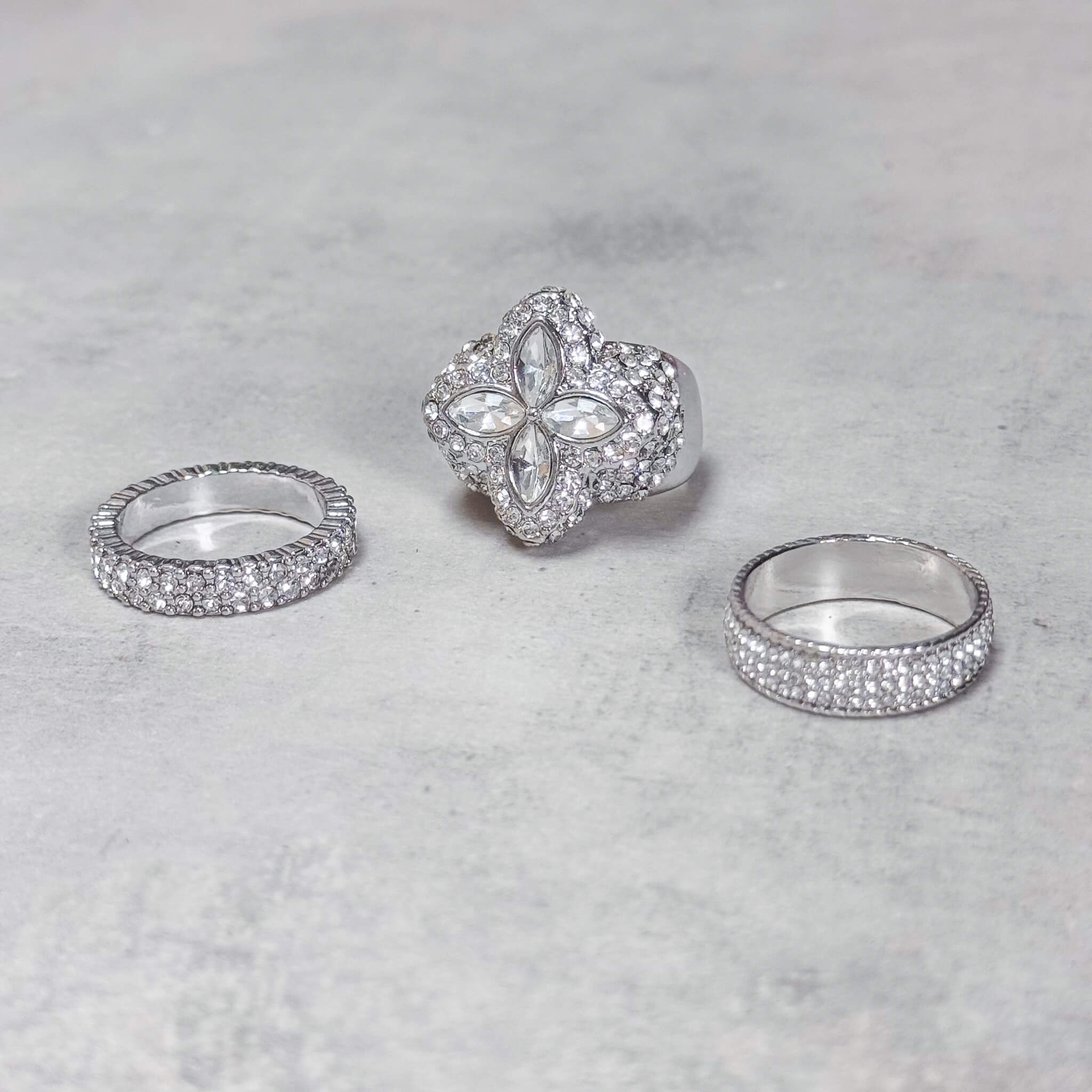 Iced Out Clover 3-Piece Ring Set - Clear Stones