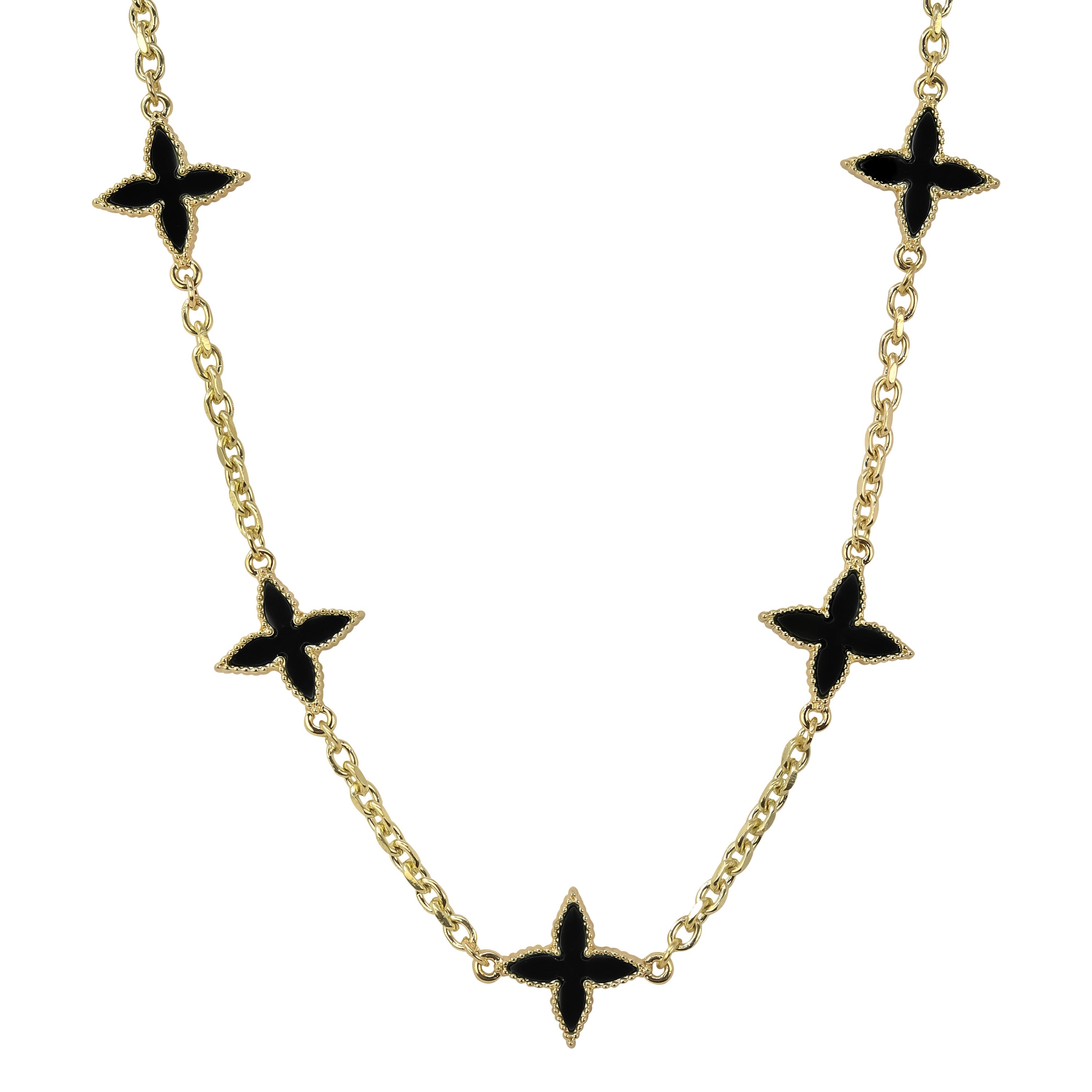 Men’s 18mm Louis inspired Black Multi Charm Necklace in gold with double-sided black star charms, close product detail.