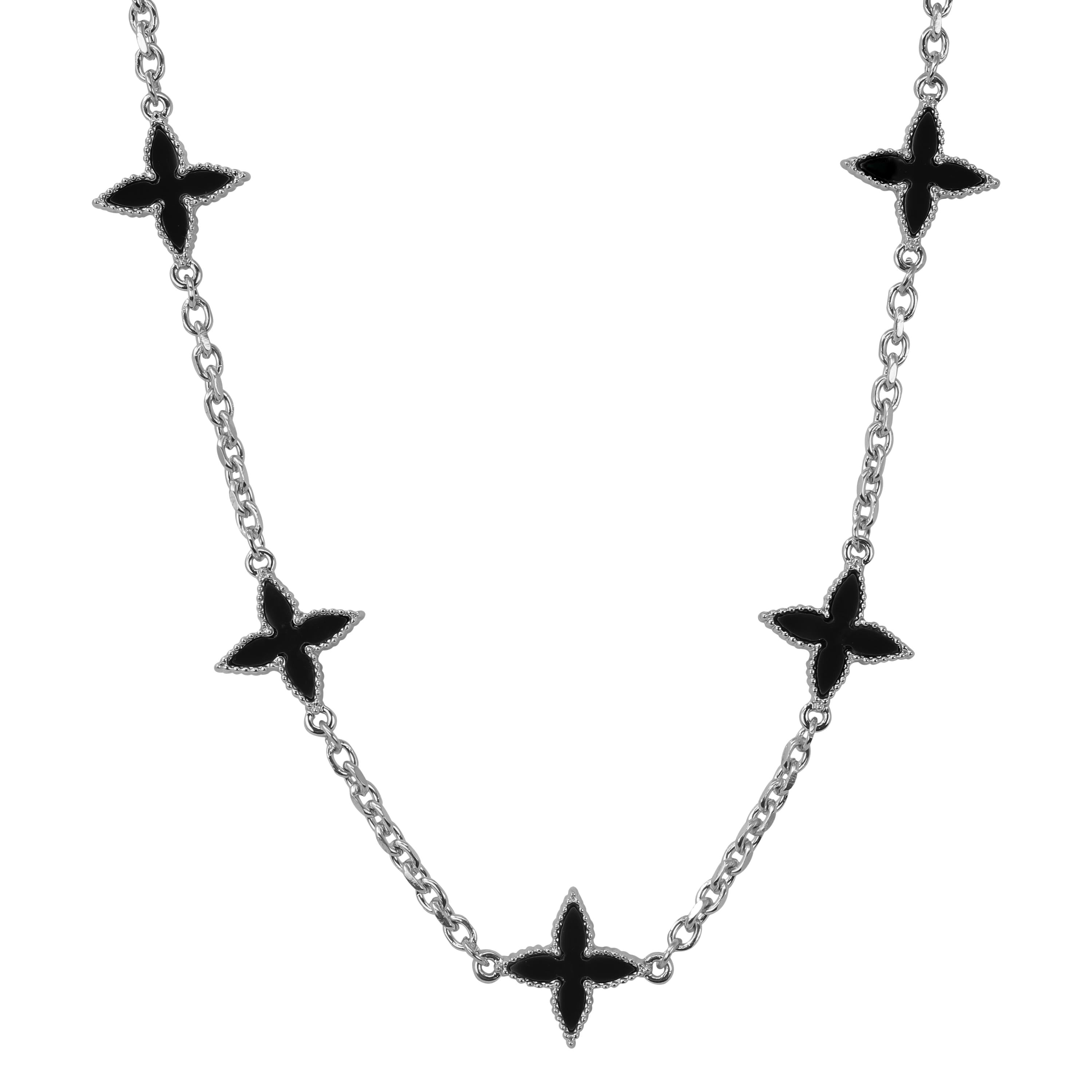 Men’s 18mm Louis inspired Black Multi Charm Necklace in silver with double-sided black star charms, studio detail view