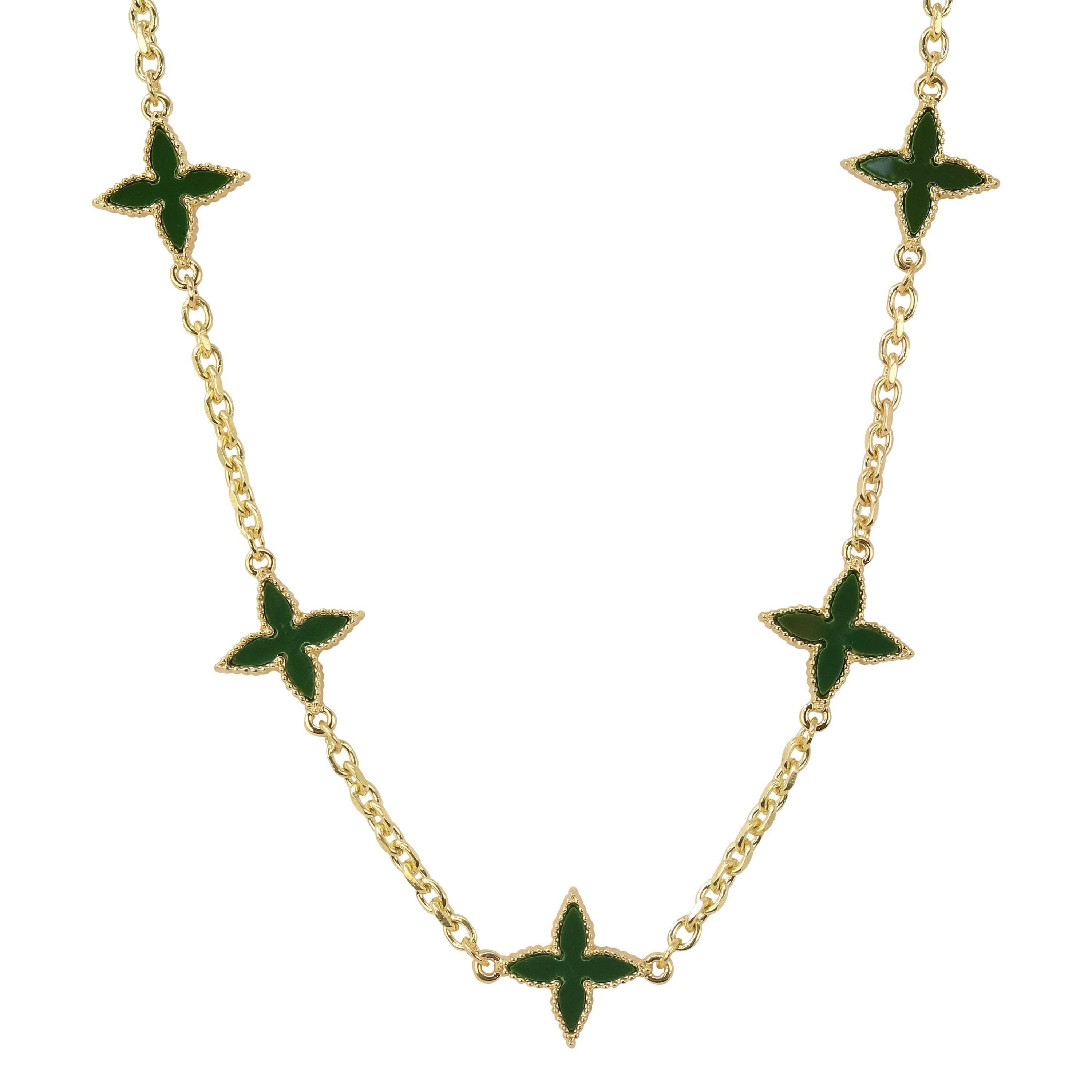 Men's 18mm Louis inspired Green Multi Charm Necklace in gold featuring dark green star floral double-sided charms.