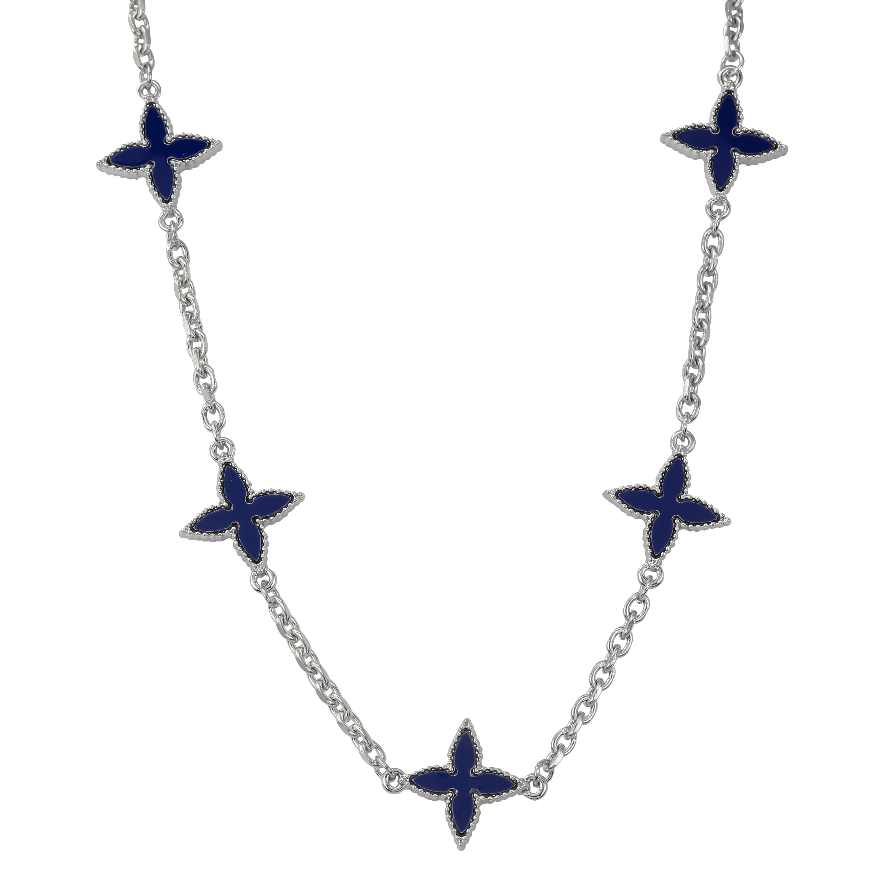 Men's 18mm Louis inspired Blue Multi Charm Necklace in polished silver featuring navy blue star floral charms.