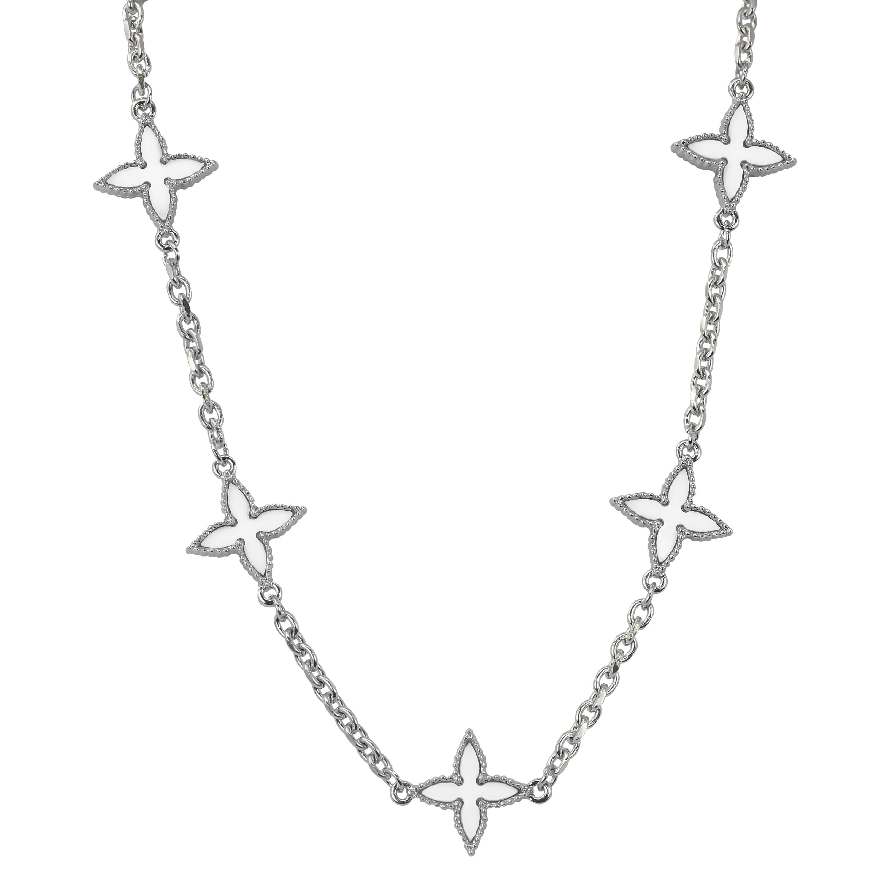 Men's 18mm Louis inspired White Multi Charm Necklace in polished silver with open star floral charms.