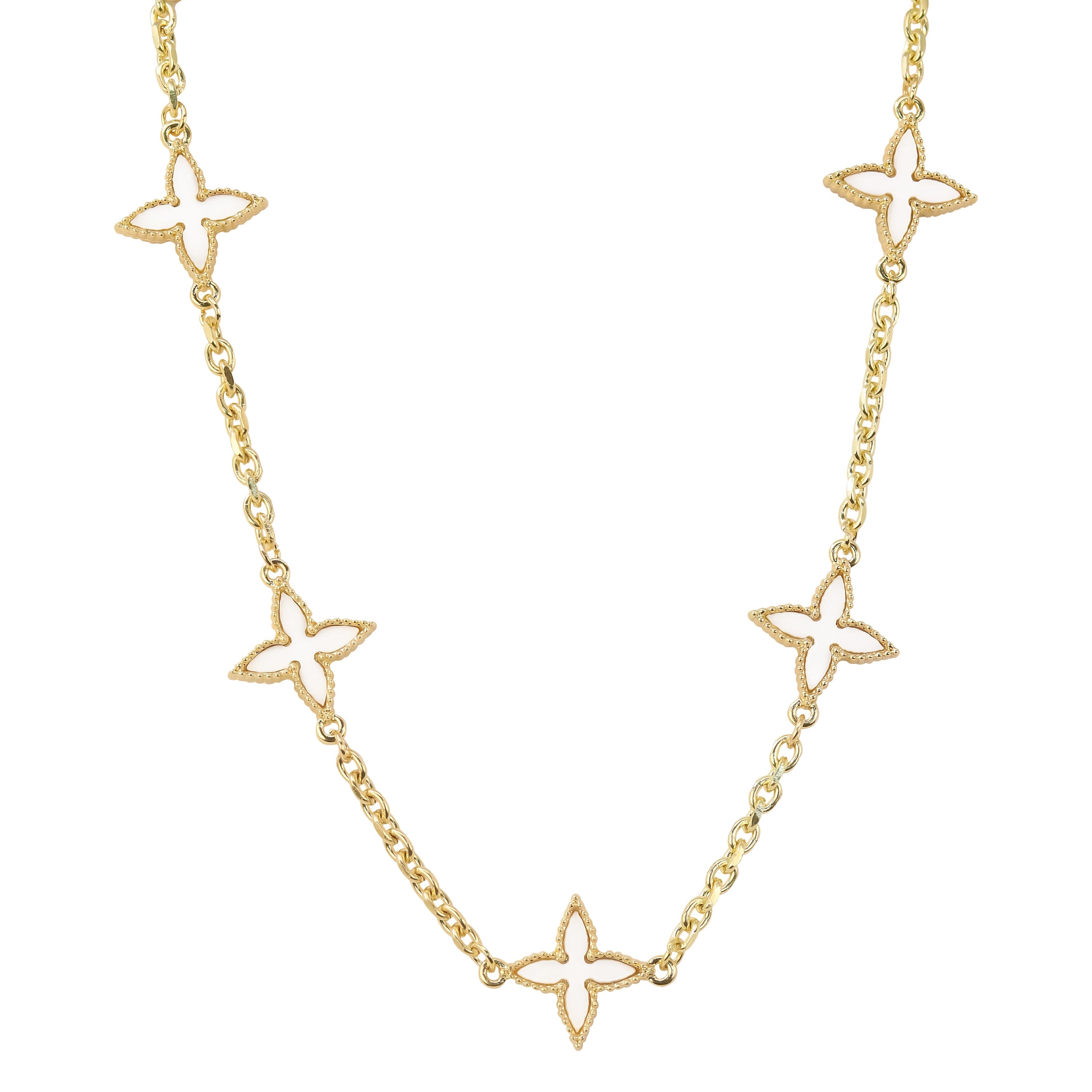 Men's 18mm Louis inspired White Multi Charm Necklace in gold featuring open floral star shaped double-sided charms.