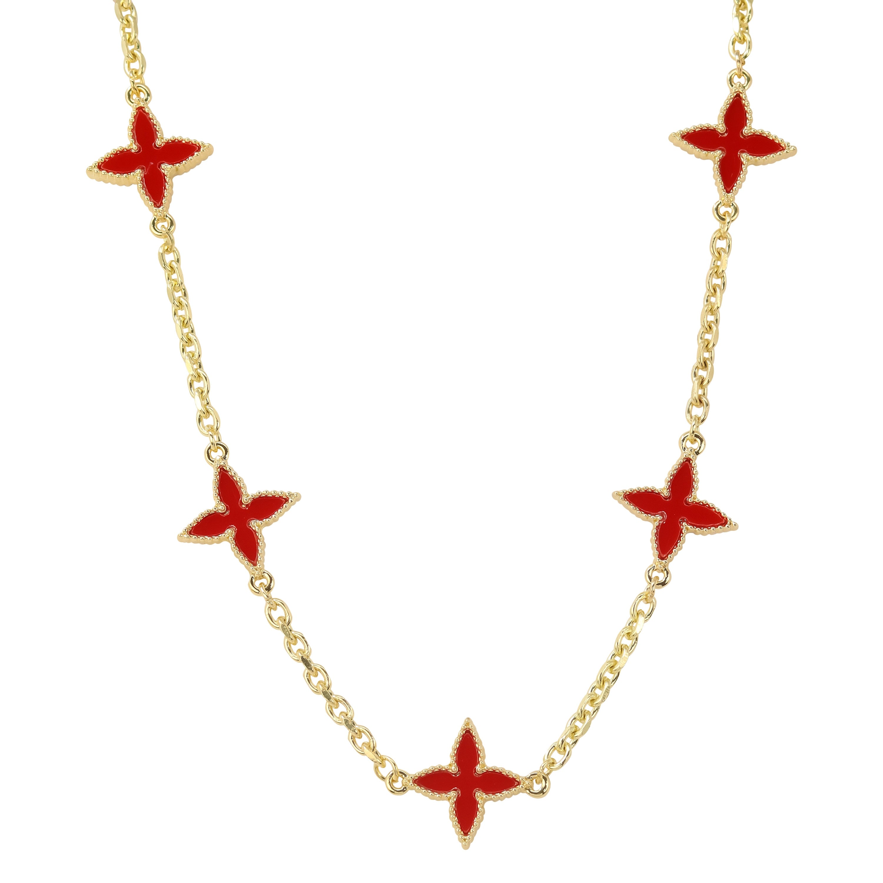 Men's 18mm Louis inspired Red Multi Charm Necklace in gold featuring double-sided red star floral shaped charms.