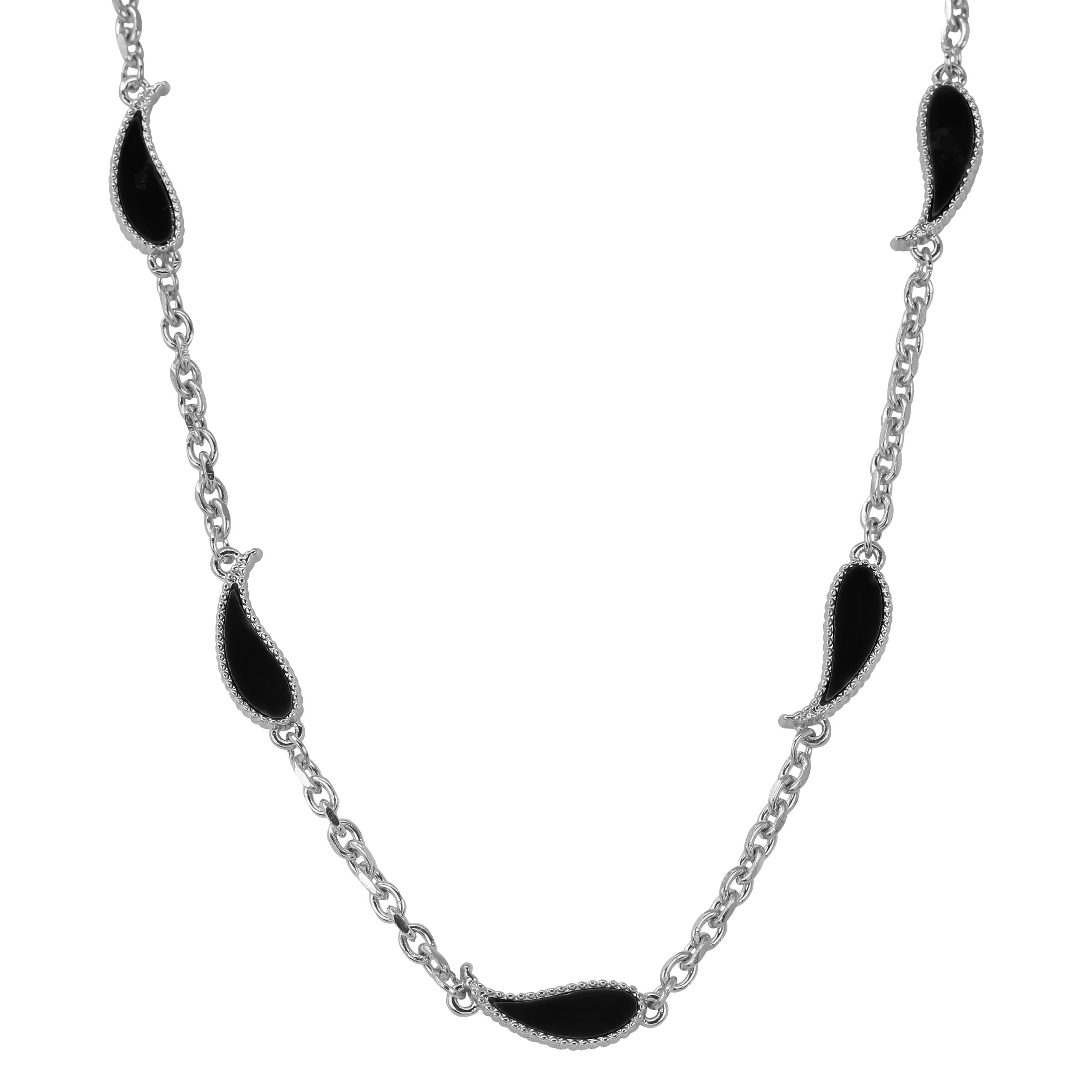 Men's 7mm Black Paisley Multi-Charm Necklace in sterling-silver finish with black teardrop paisley charms.