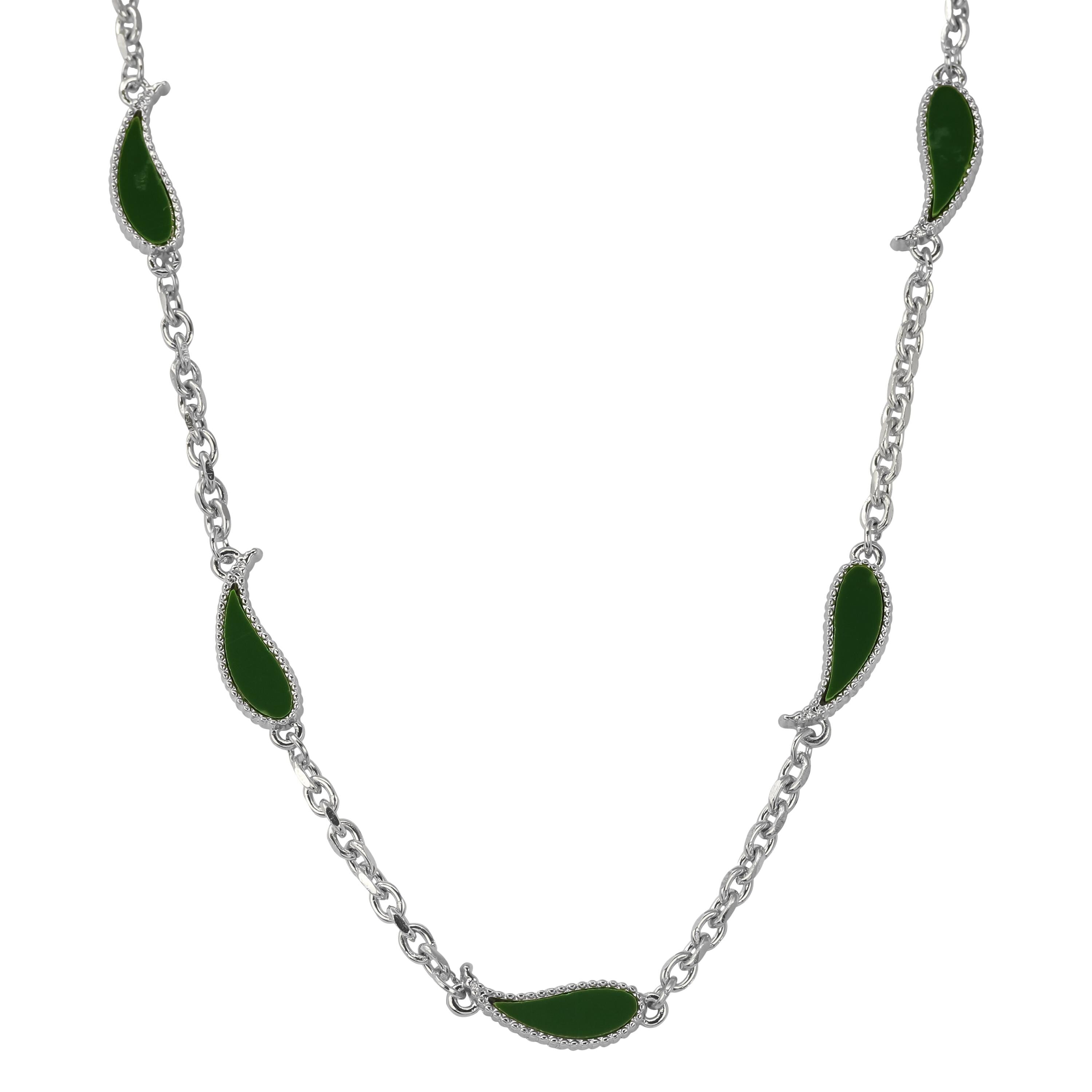 Men's 7mm Green Paisley Multi-Charm Necklace in polished silver featuring double-sided dark green teardrop paisley charms.