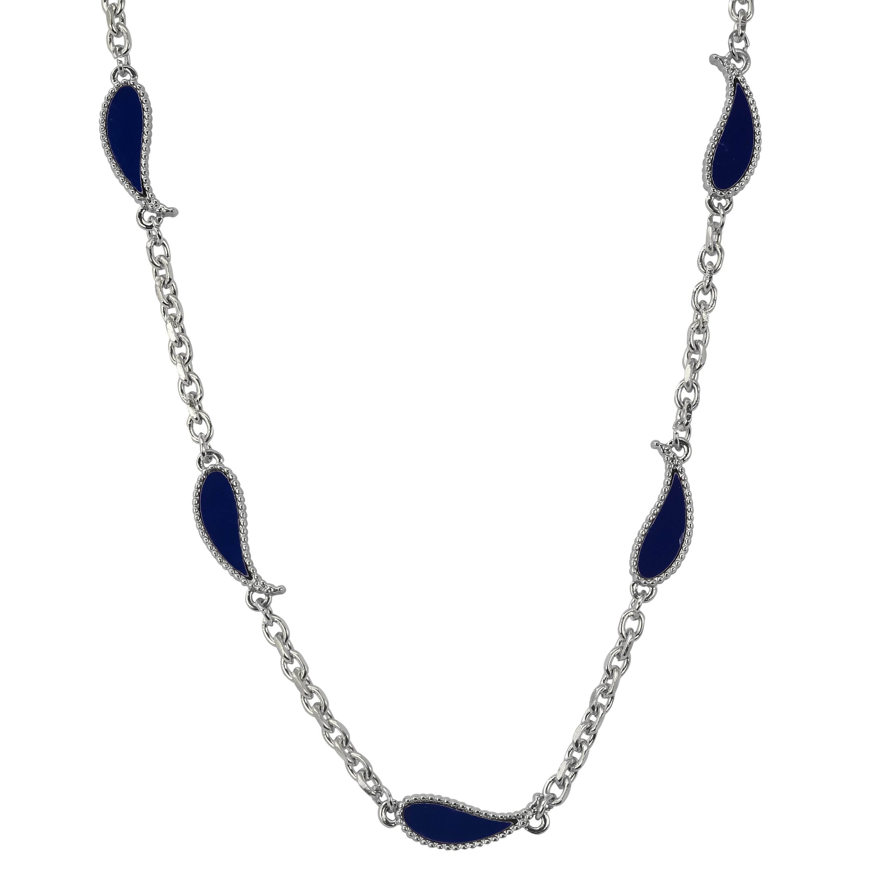 Men's 7mm Blue Paisley Multi-Charm Necklace in polished silver with double-sided navy teardrop paisley charms.