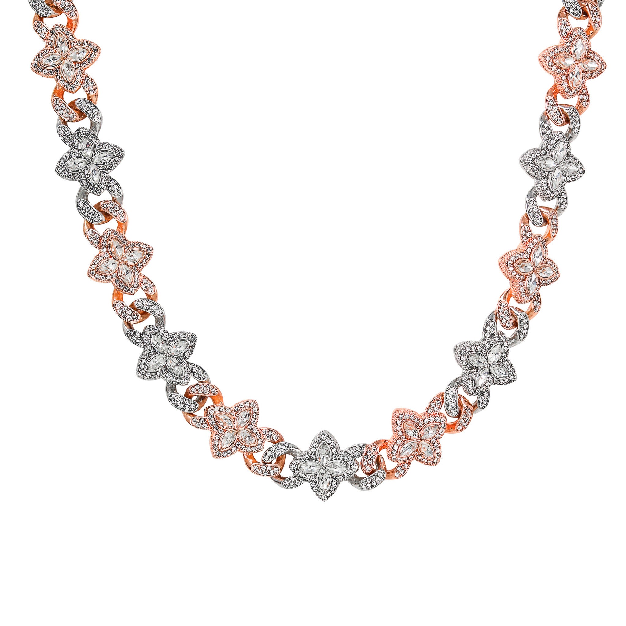 Rose gold and silver Iced Clover Cuban Chain with clear stone clover links displayed in a studio product shot.