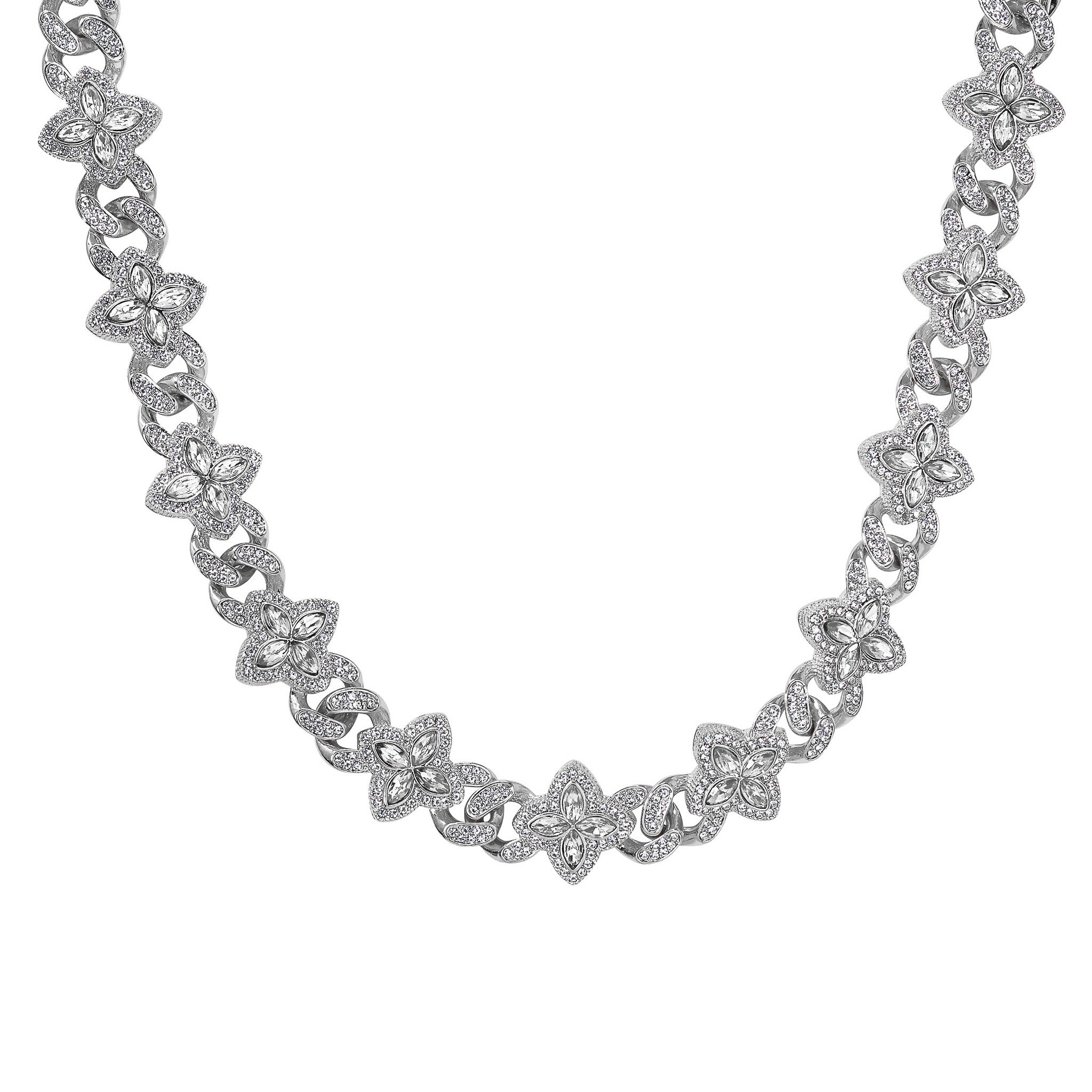 Silver Iced Clover Cuban Chain with clear pavé clover links arranged along a polished Cuban-style chain.