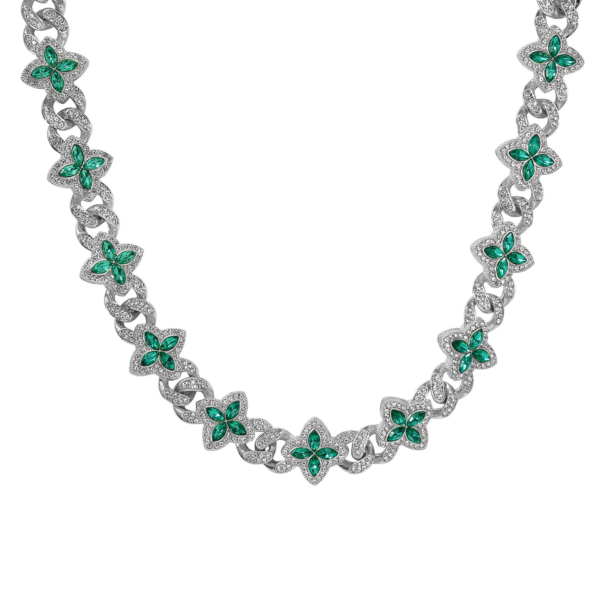 Silver Iced Clover Cuban Chain featuring green marquise stones and iced pavé detailing.