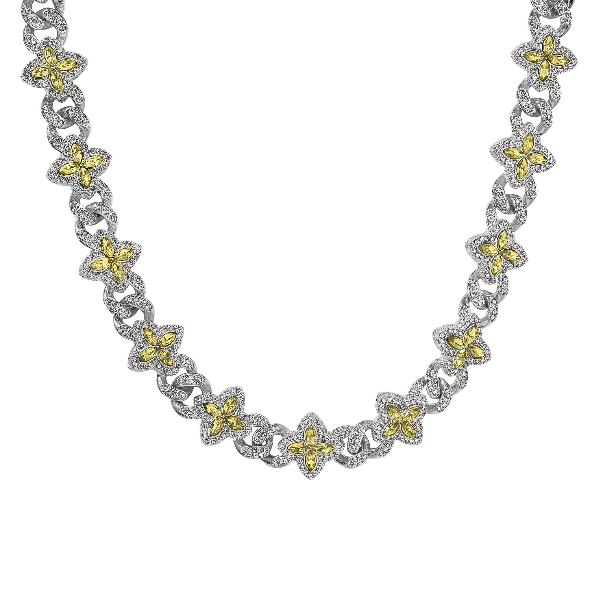 Silver Iced Clover Cuban Chain with yellow gemstone clover links displayed in a clear studio product shot.