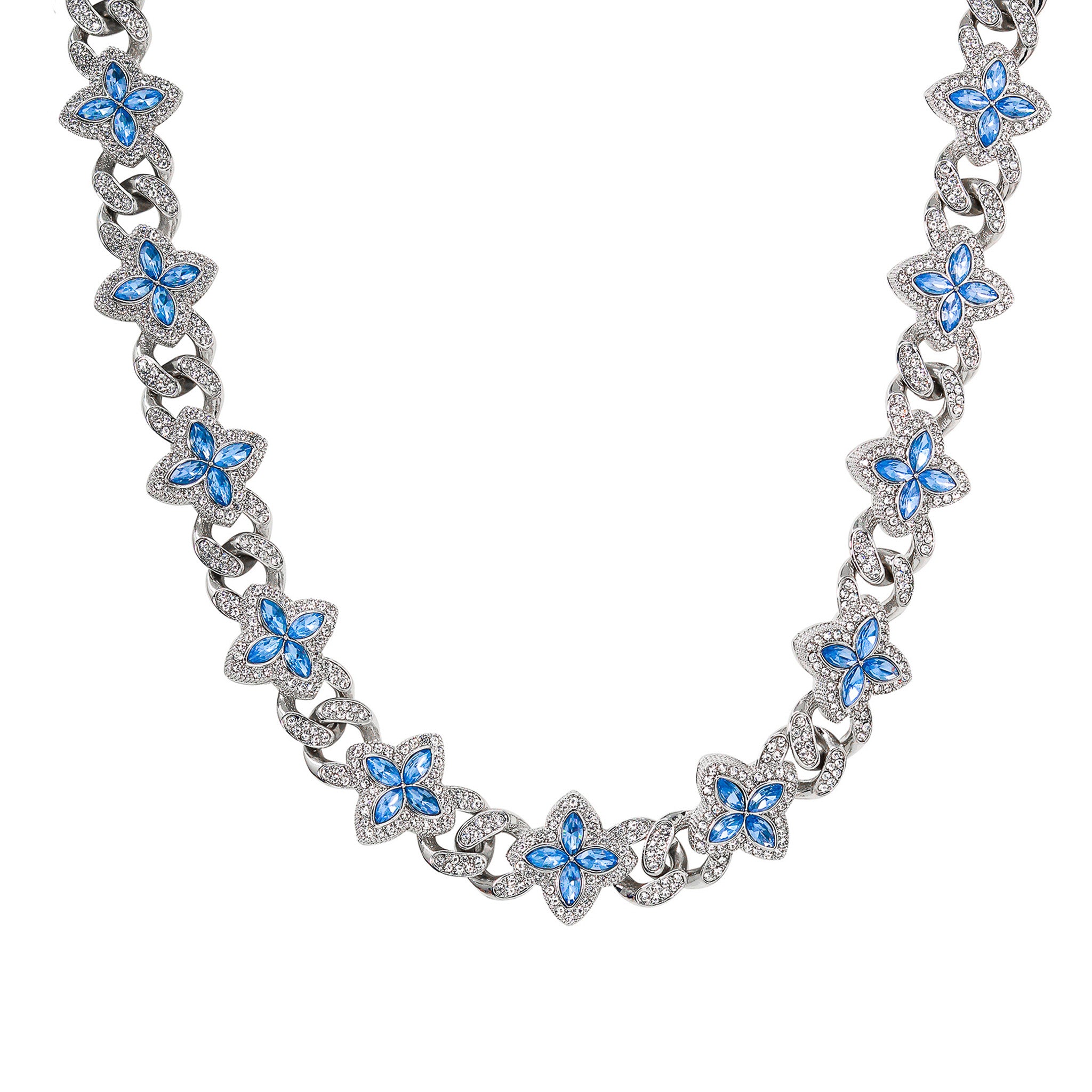 Silver Iced Clover Cuban Chain with vibrant blue pavé clover links arranged along a polished Cuban chain.