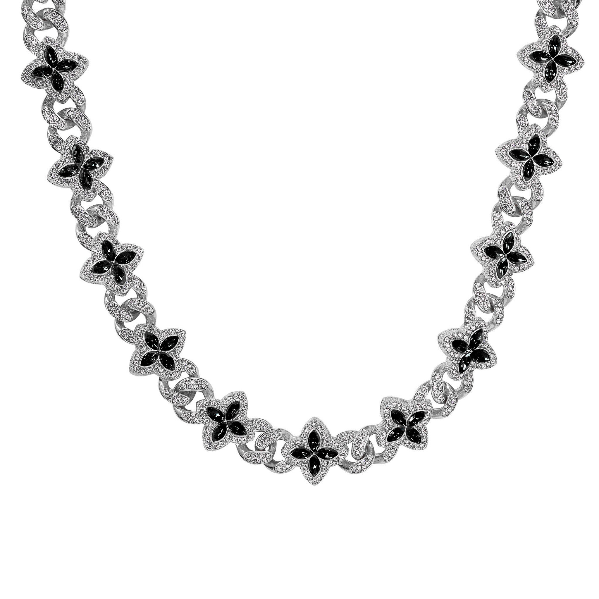 Iced Clover Cuban Chain with black clover stones on silver Cuban links, luxury hip-hop necklace.